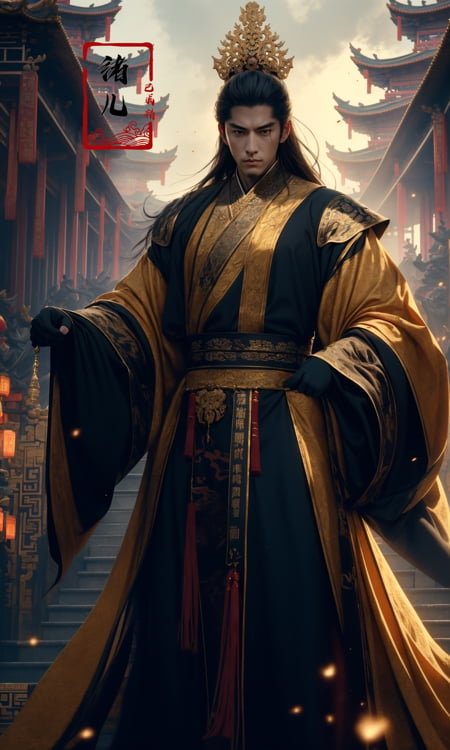 Epic CG masterpiece, A Chinese Tang dynasty emperor,by guopei Wuxia,handsome, MAX Masculinity, straight crown, golden Taoist robe, palace background, Tang dynasty, royal, dynamic poses, stunning colors, 3D rendering, surrealism, cinematic lighting effects, realism, 00 renderer, super realistic,<lora:绪儿-皇太子royal:0.9>