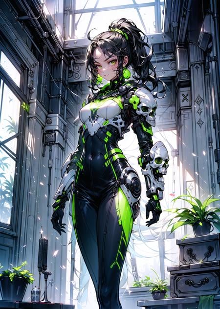 masterpiece, best quality, 1girl, standing in pagoda, black hair medium hair front ponytail, cross eyes, armor, CyberskullAI <lora:CyberskullAI:0.75> <lora:flat2:-0.3>