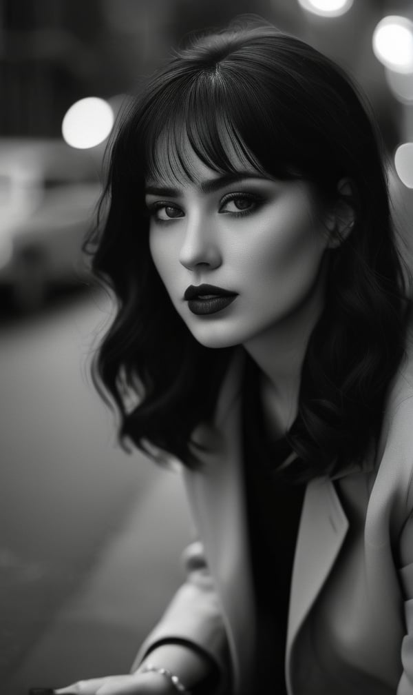 black and white film stock,  high contrast,  full body movie clip of the most beautiful detective woman in the world by Bo...