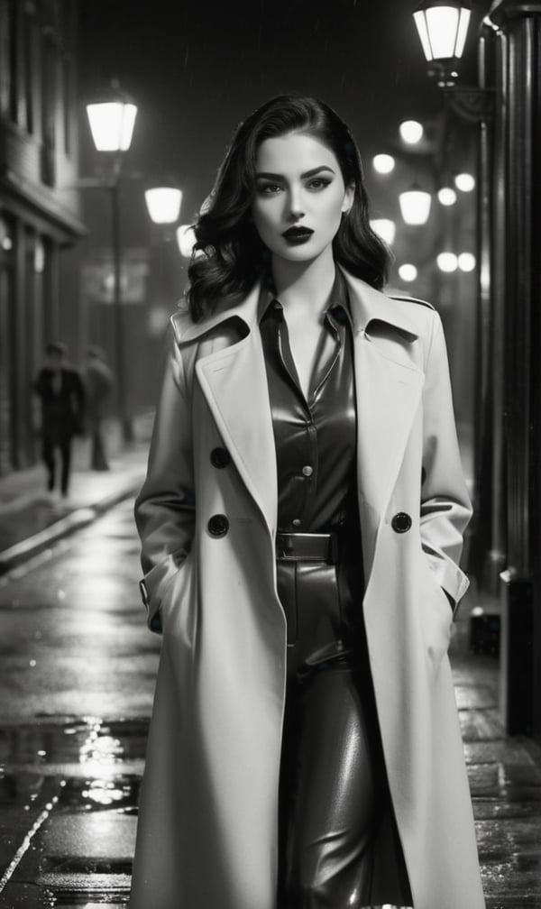 black and white film stock,  high contrast,  full body movie clip of the most beautiful detective woman in the world by Bo...