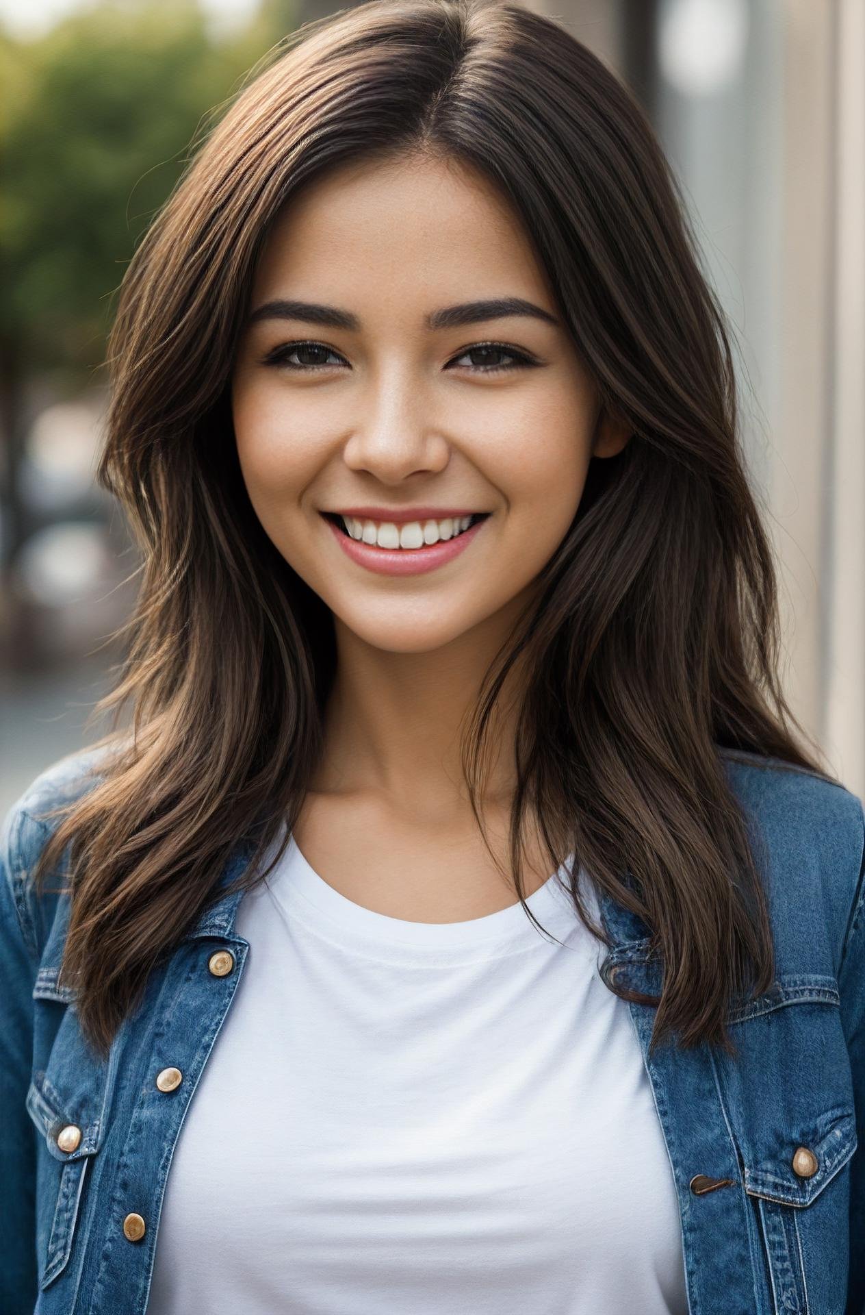 photograph of jg-jc0n, an effortlessly beautiful girl next door wearing a plain tshirt and jacket, (happy excited smile), jeans, photoreal, hyperrealism, best quality, (natural skin texture, highly detailed face), masterpiece, sharp focus, absurdres, by arny freytag