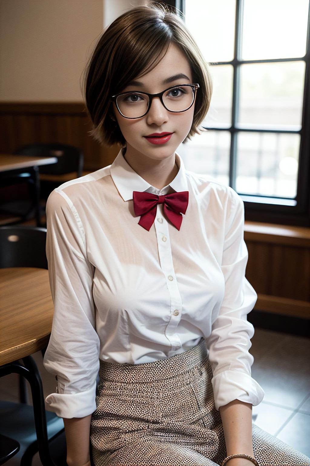 A photo of a young, nerdy woman sitting in a caf, wearing a white shirt and a bow, surrounded by a cozy atmosphere, looking at the viewer. short hair, slender, red lips, transparent fabric, flirting with the camera