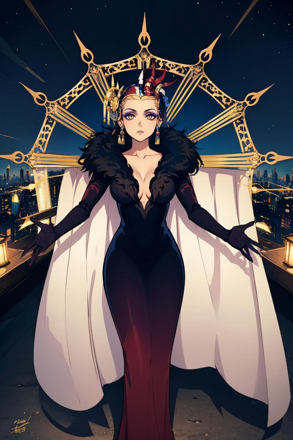 masterpiece, best quality,  <lora:edea-nvwls-v1-000009:0.9> edea, hair ornament, earrings, cape, black dress, long dress, feather trim, plunging neckline, long sleeves, elbow gloves, makeup, huge breasts, standing, pale skin, cowboy shot, night, cityscape, looking at viewer, emotionless, outstretched arms, 