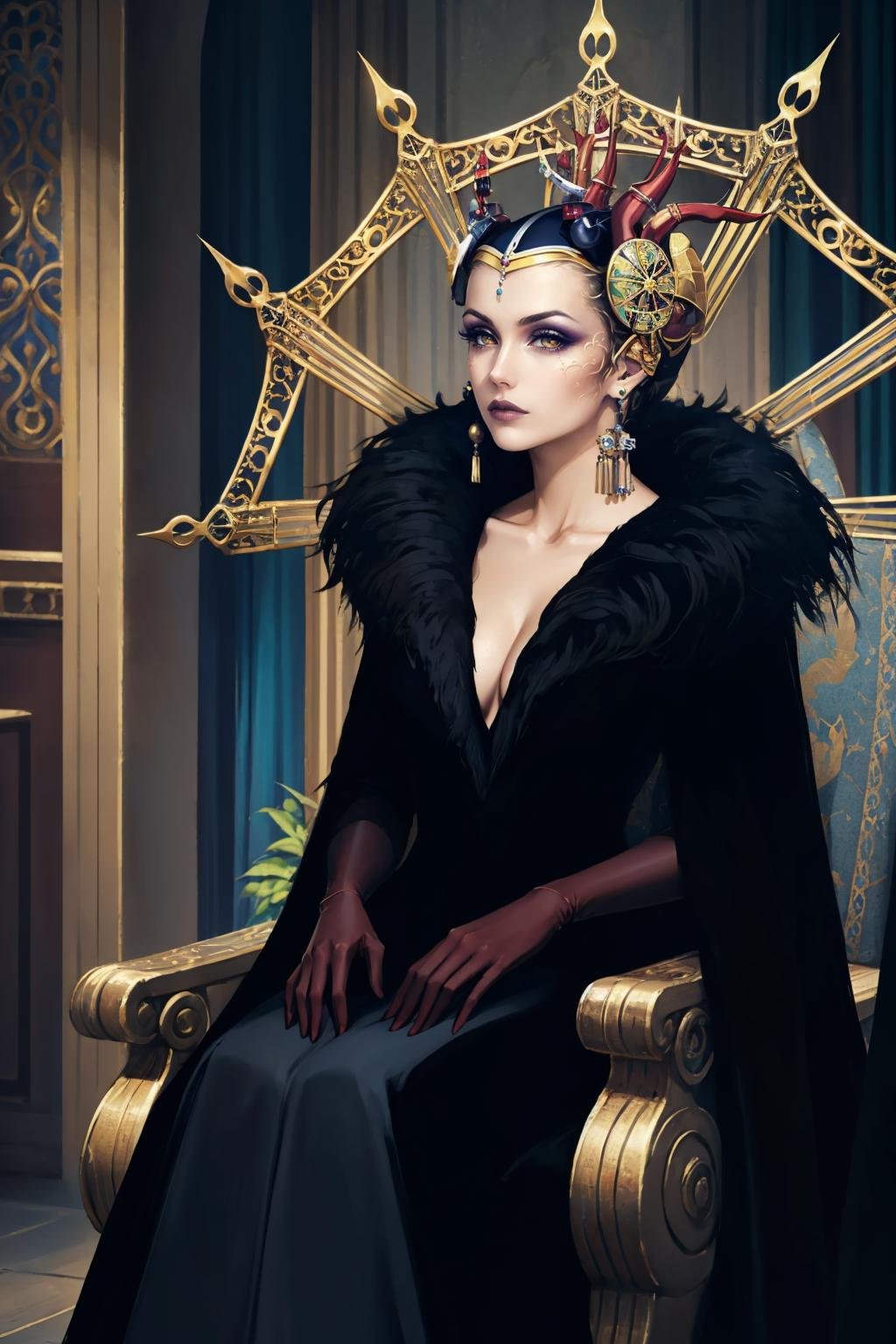 masterpiece, best quality,  <lora:edea-nvwls-v1-000009:0.9> edea, hair ornament, earrings, cape, black dress, feather trim, plunging neckline, long sleeves, elbow gloves, makeup, huge breasts, pale skin, sitting, throne, indoors, dark room, black theme, looking at viewer, emotionless