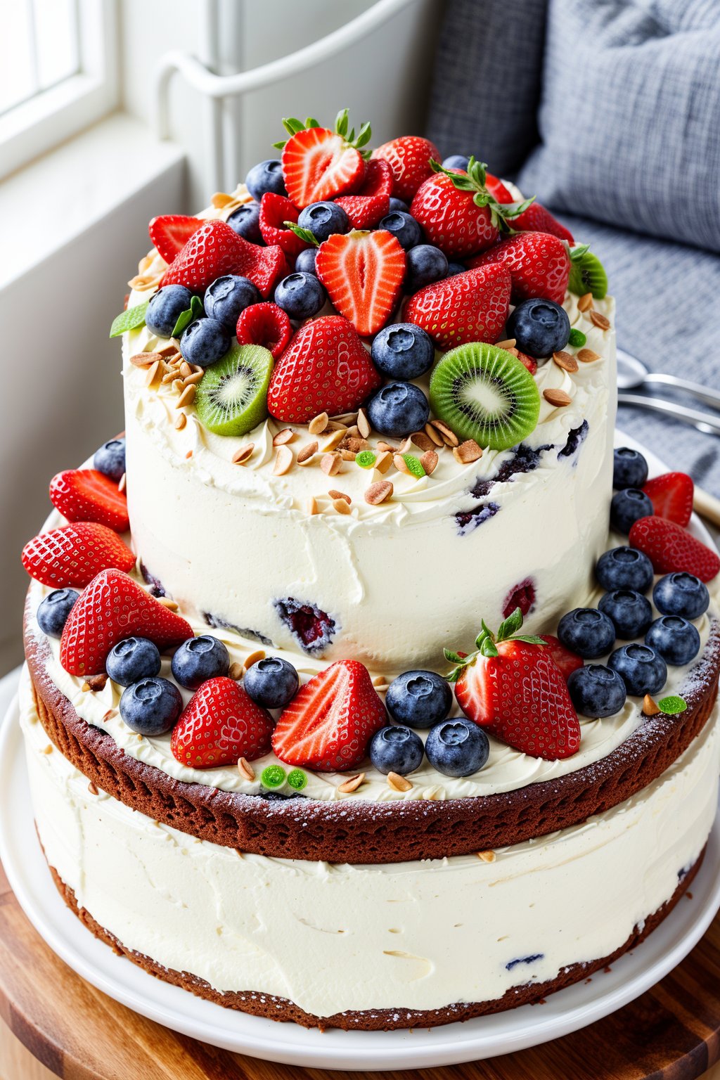 Cake with lots of strawberries, blueberries, kiwi on top, in the living room