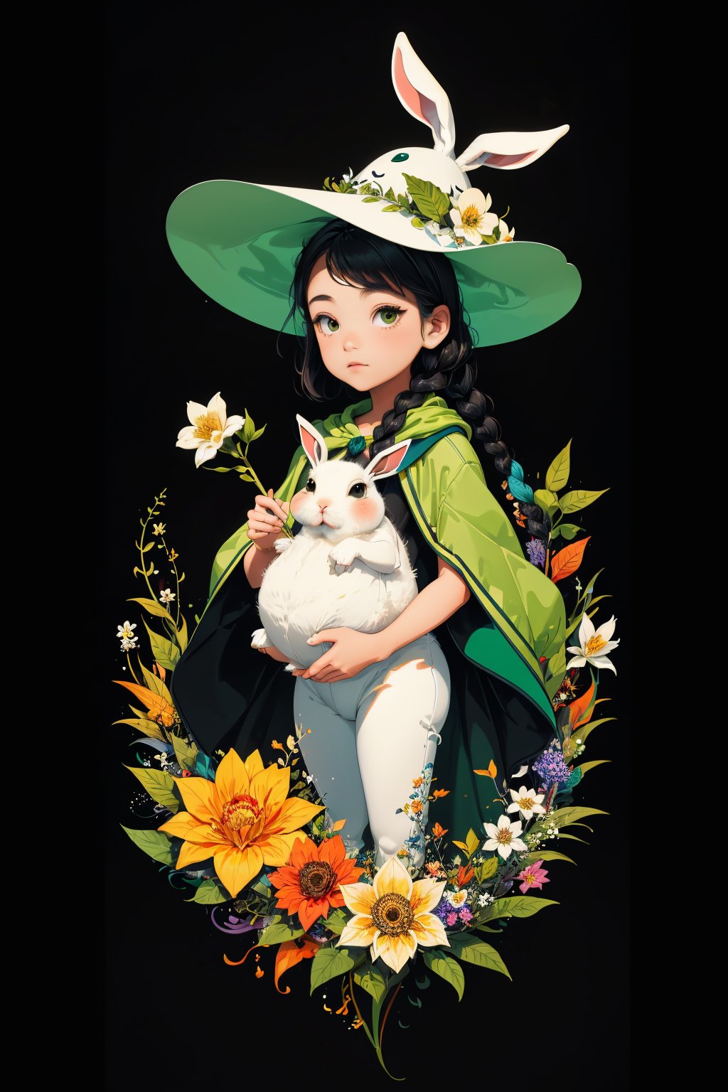 (( Ride on beautifully decorated white giant lagomorph )) , shining eyes , twin braid , black hair , parted bangs, little girl, 15 years old, simple green witch's big hat and green robe, intricate details, 32k digital painting, hyperrealism, (vivid color,abstract background:1.3, colorful:1.3, flowers:1.2, zentangle:1.2, fractal art:1.1) ,High detailed ,