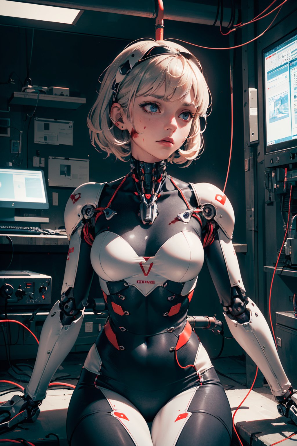 (((Perfect Face)))((cowboy shot)), (((masterpiece))), (((best quality))), ((ultra-detailed)), (highly detailed CG illustration), ((an extremely delicate and beautiful)),((Chest covered)), cinematic light,(((1mechanical girl))),solo,((upper torso hanging by wires)),((Hanging by wires and tubes)), (machine made joints:1.2),((machanical limbs)),(blood vessels connected to tubes),(mechanical vertebra attaching to back),((mechanical cervial attaching to neck)),(sitting),expressionless, (chest covered), (wires and cables attaching to neck:1.2),(wires and cables on head:1.2),(character focus),science fiction, extreme detailed, colorful, highest detailed