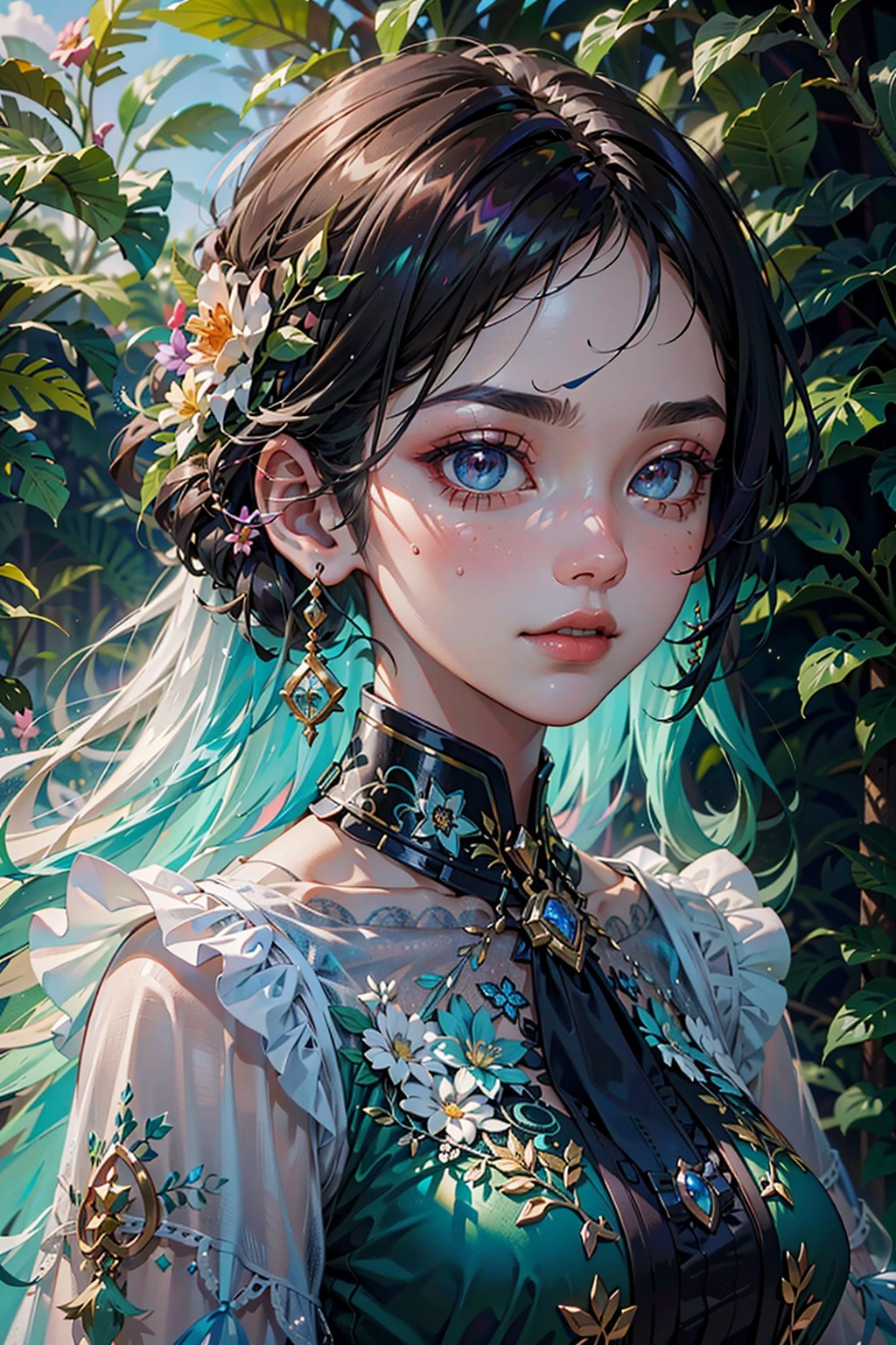 fashion photography portrait of blue human avatar, in blue lush jungle with flowers and birds, 3d render, cgi, symetrical, octane render, 35mm, bokeh, 9:16, (intricate details:1.12), hdr, (intricate details, hyperdetailed:1.15), (natural skin texture, hyperrealism, soft light, sharp:1.2),More Detail