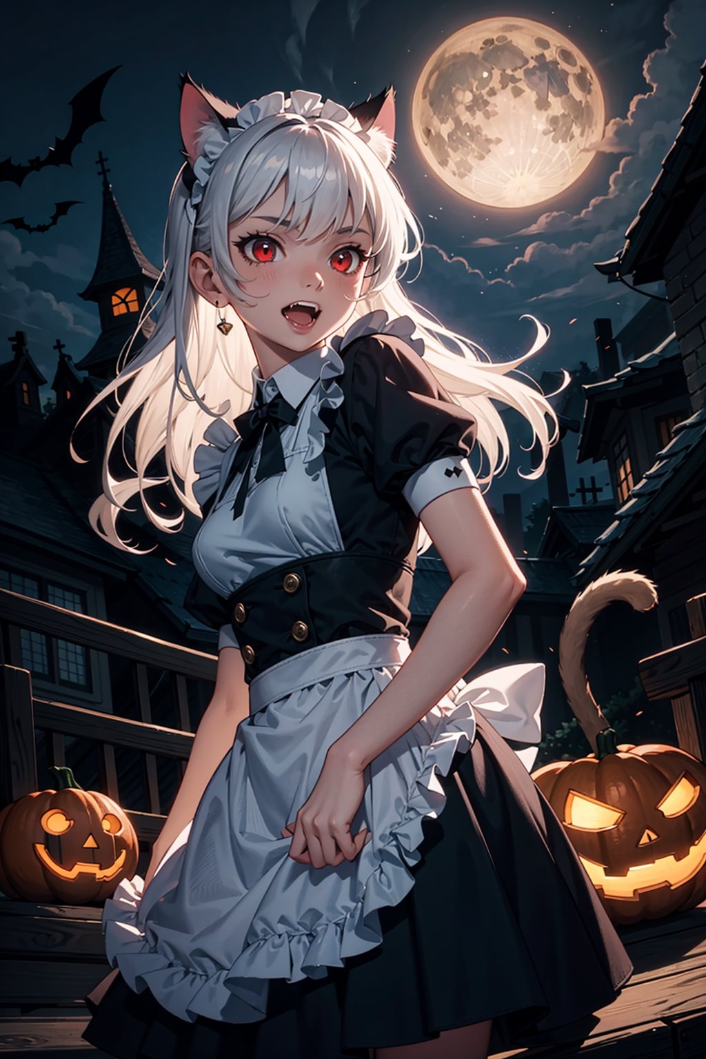 (masterpiece), halloween, night, 1girl, cat ears, fangs, red eyes, glowing eyes, maid