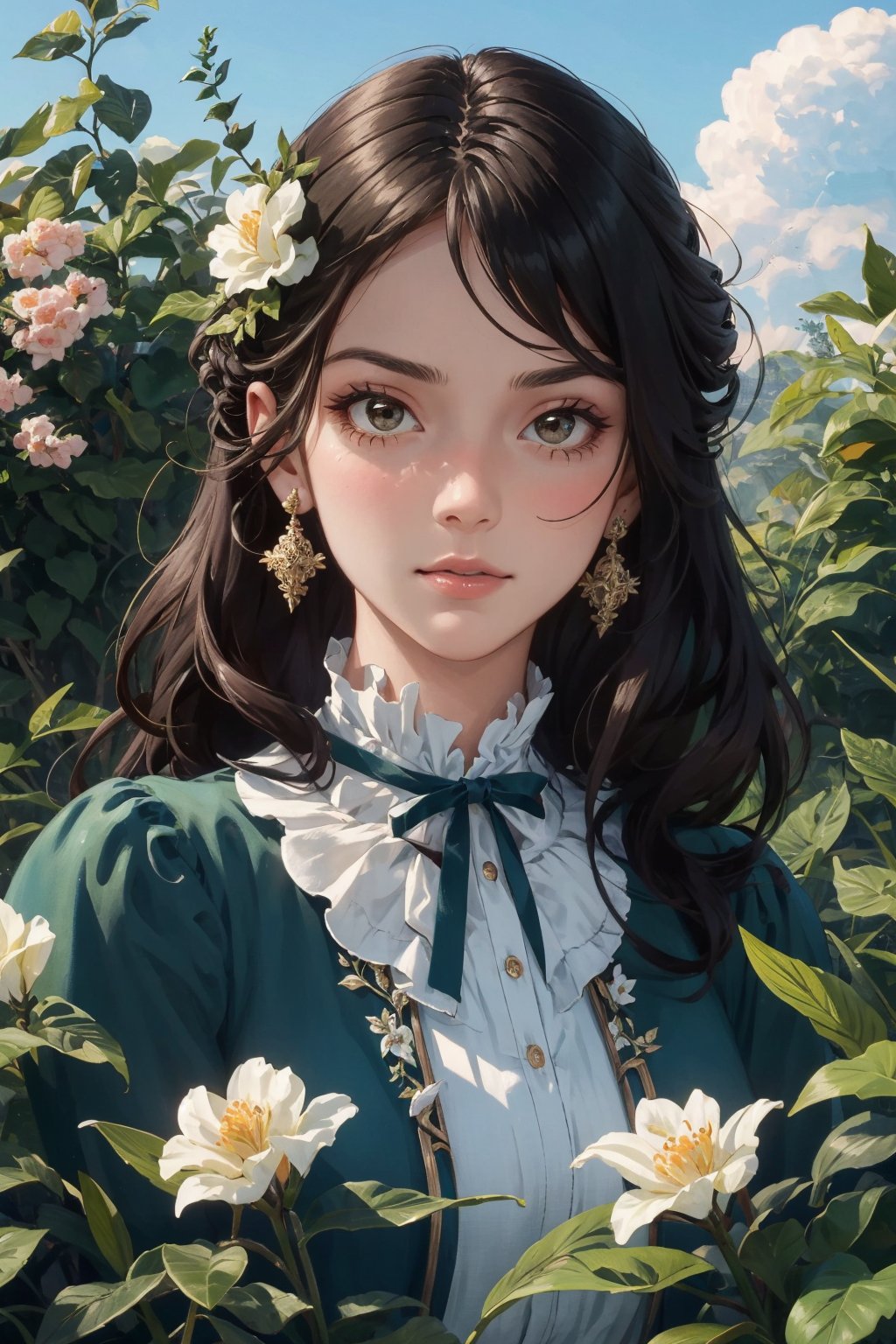 a beautiful girl, perfect face, (detailed face), ((detailed facial features)), full body victorian era dress, [ball gown, garden, sky masterpiece, high quality, best quality, [delicate pattern, intricate detail, [soft rim light], detailed foliage, flowers, garden alcove bower