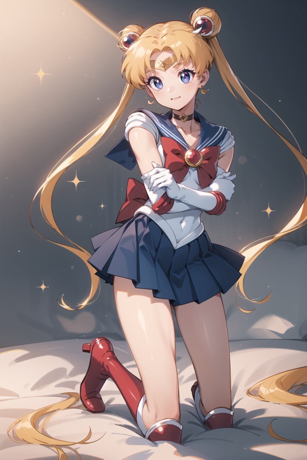 (masterpiece,  best quality),  ultra detailed,  1girl,  sailor moon,  tsukino usagi,  double bun,  blonde hair,  blue eyes,  twintails,  hair ornament,  tiara,  sailor senshi uniform,  skirt,  gloves,  blue sailor collar,  choker,  red choker,  sailor collar,  white gloves,  jewelry,  elbow gloves,  blue skirt,  earrings,  bow,  red bow,  red footwear,  knee boots, <lora:EMS-74972-EMS:0.600000>