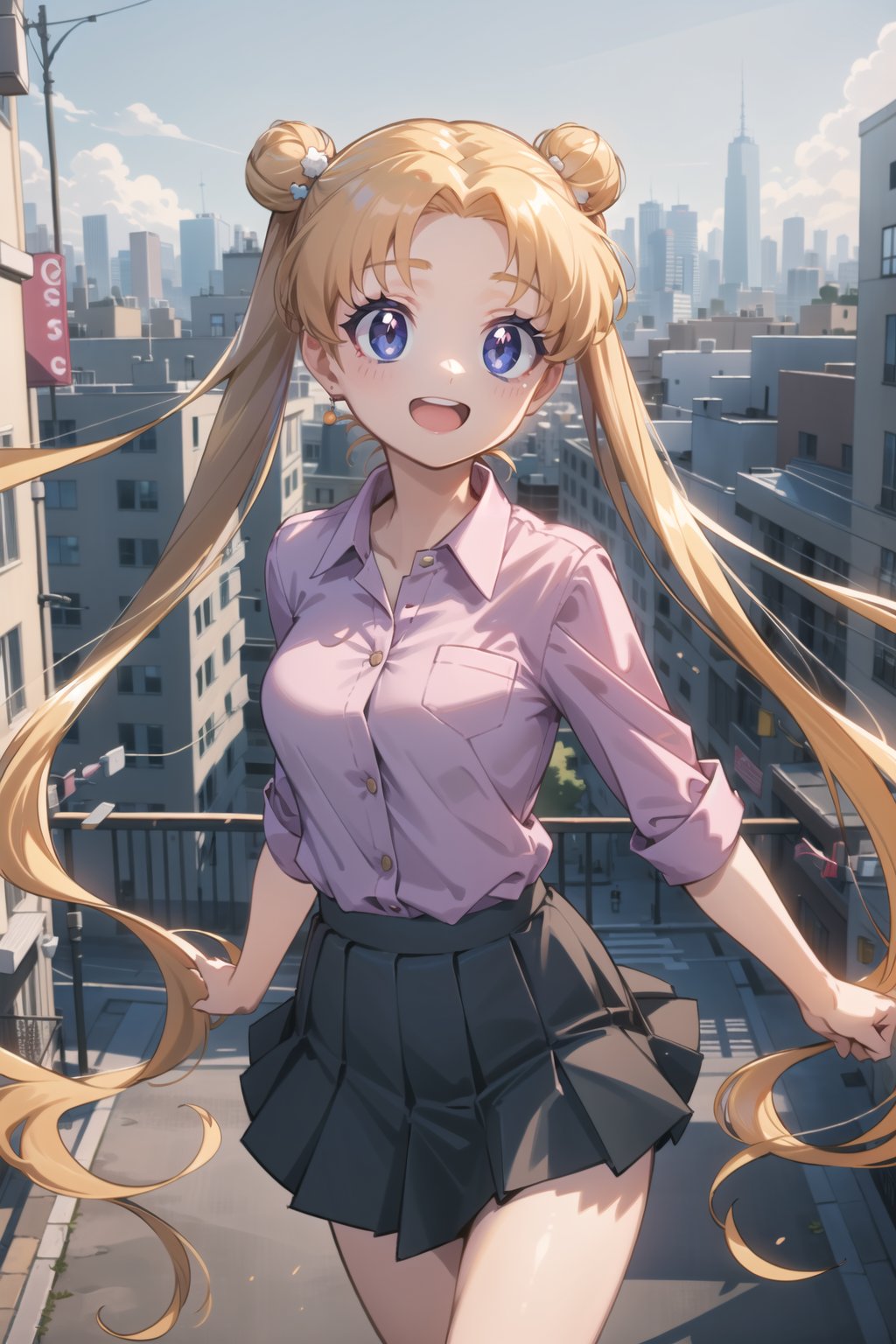 (masterpiece,  best quality),  ultra detailed,  1girl,  tsukino usagi,  double bun,  blonde hair,  blue eyes,  twintails,  hair ornament,  pink shirt,  v collared shirt,  :d,  blue miniskirt,  street,  city,  dynamic view, <lora:EMS-74972-EMS:0.700000>