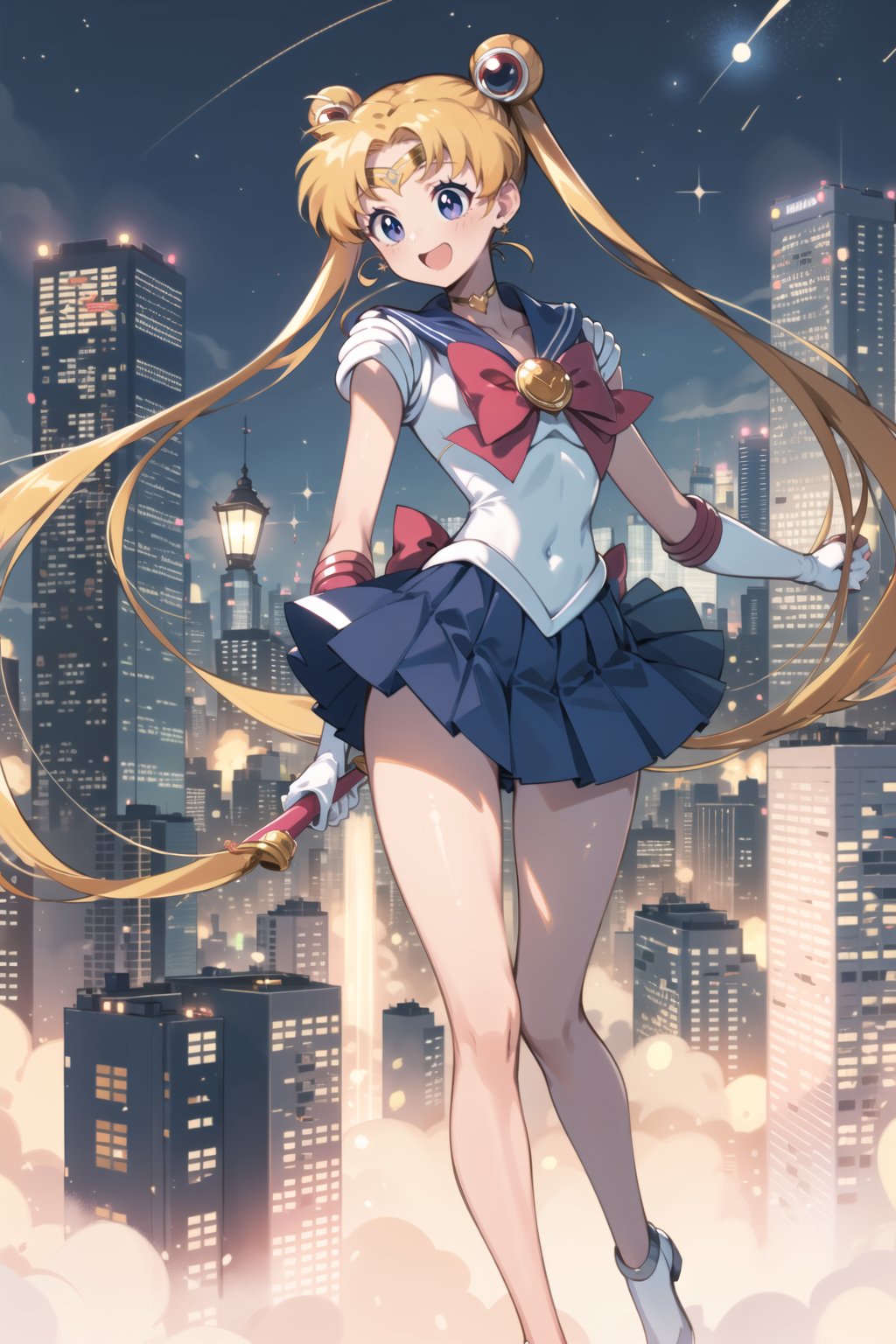 (masterpiece,  best quality),  ultra detailed,  1girl,  sailor moon,  tsukino usagi,  double bun,  blonde hair,  blue eyes,  twintails,  hair ornament,  pink shirt,  :d,  blue miniskirt,  city,  dynamic view, <lora:EMS-74972-EMS:0.600000>