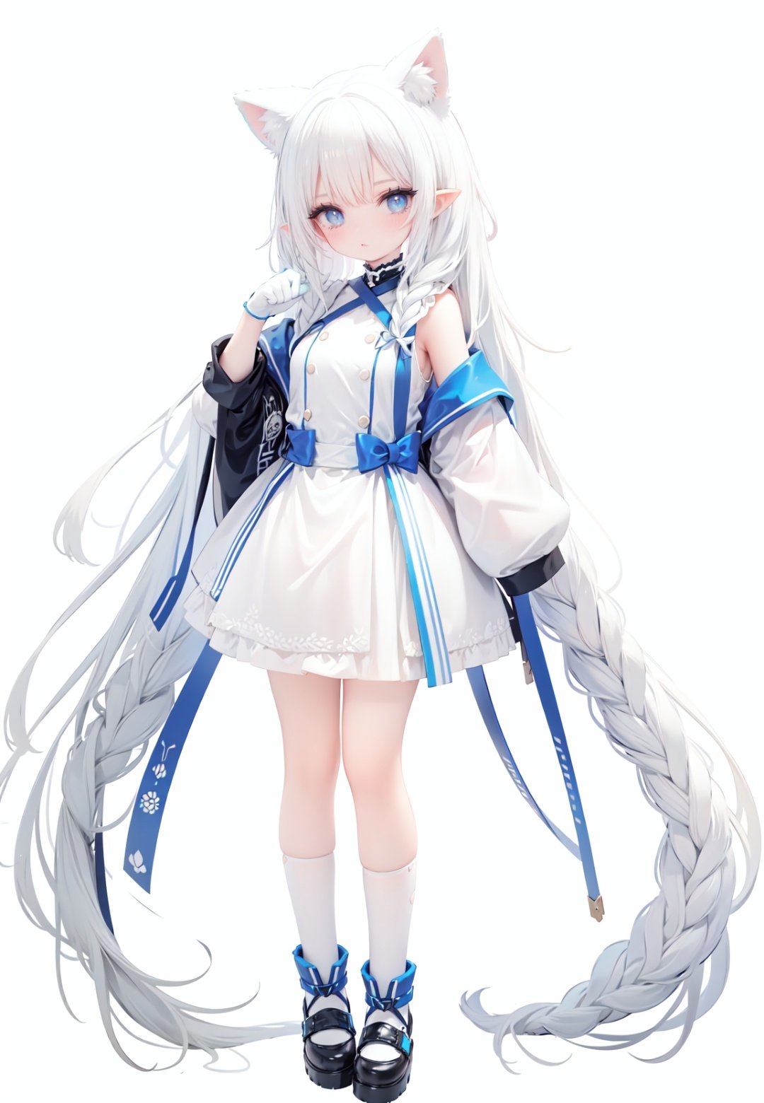  1girl, white_gloves, braid, full_body, gloves, long_hair, official_alternate_costume, pointy_ears, simple_background, solo, standing, very_long_hair, white_background, white hair, blue eyes, paw claw pose, open_mouth