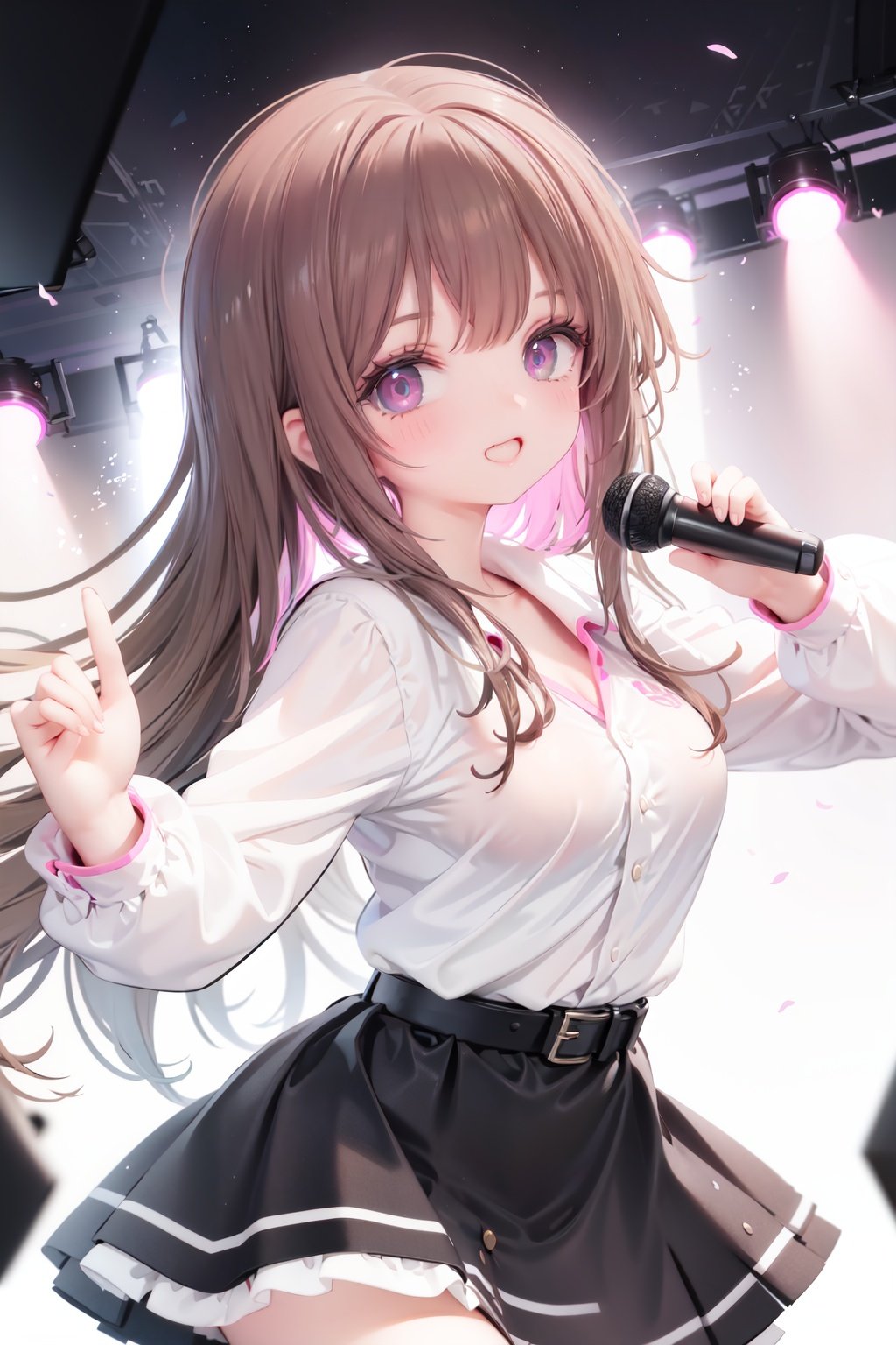  1girl, solo, microphone, smile, skirt, blush, brown eyes, long hair, open mouth, looking at viewer, brown hair, long sleeves, :d, shirt, bangs, belt, breasts, pink shirt, outstretched arm, music, black belt, medium breasts, holding microphone, singing