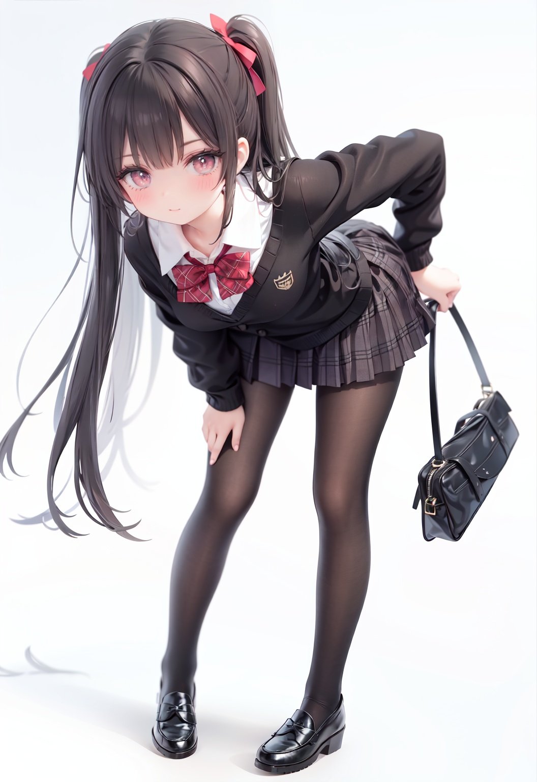  1girl, solo, pantyhose, skirt, long hair, loafers, shoes, simple background, school uniform, brown eyes, plaid, black pantyhose, plaid skirt, looking at viewer, black hair, pantyhose pull, full body, clothes pull, black footwear, pleated skirt, leaning forward, bangs, long sleeves, bent over, cardigan, bow, bowtie, standing, closed mouth, pulled by self, grey background, blush, miniskirt, red bow, sweater, undressing