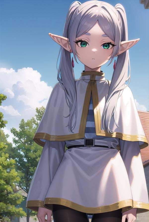 frieren, <lyco:frierenv2-lyco-nochekaiser:1>,frieren, long hair, twintails, (green eyes:1.5), grey hair, pointy ears, elf,BREAK shirt, long sleeves, jewelry, pantyhose, earrings, striped, black pantyhose, capelet, striped shirt,BREAK outdoors, sky, nature,BREAK looking at viewer, (cowboy shot:1.5),BREAK <lyco:GoodHands-beta2:1>, (masterpiece:1.2), best quality, high resolution, unity 8k wallpaper, (illustration:0.8), (beautiful detailed eyes:1.6), extremely detailed face, perfect lighting, extremely detailed CG, (perfect hands, perfect anatomy),