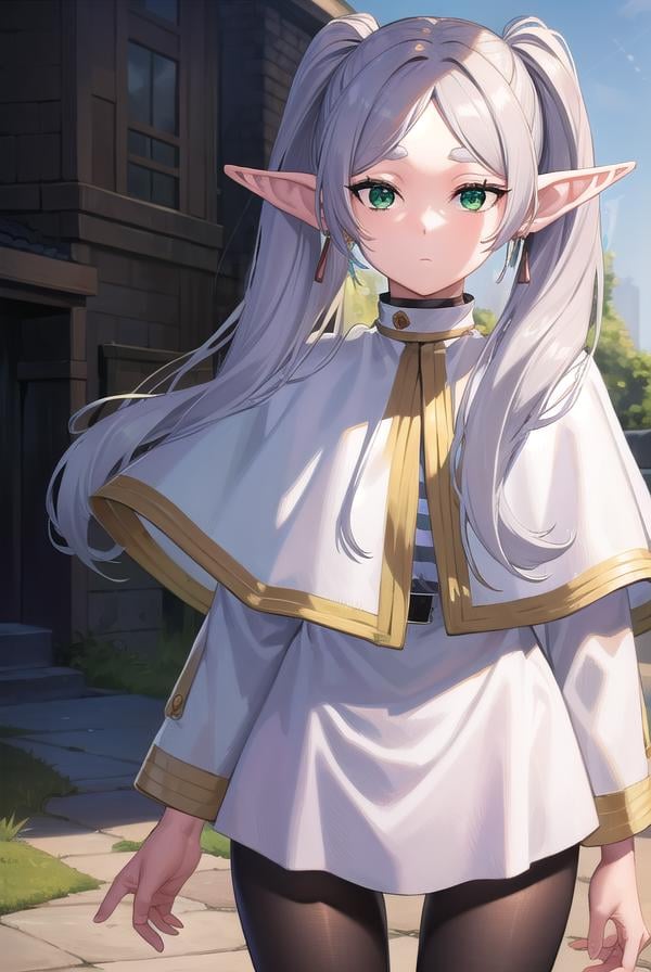 frieren, <lyco:frierenv2-lyco-nochekaiser:1>,frieren, long hair, twintails, (green eyes:1.5), grey hair, pointy ears, elf,BREAK shirt, long sleeves, jewelry, pantyhose, earrings, striped, black pantyhose, capelet, striped shirt,BREAK outdoors, sky, nature,BREAK looking at viewer, (cowboy shot:1.5),BREAK <lyco:GoodHands-beta2:1>, (masterpiece:1.2), best quality, high resolution, unity 8k wallpaper, (illustration:0.8), (beautiful detailed eyes:1.6), extremely detailed face, perfect lighting, extremely detailed CG, (perfect hands, perfect anatomy),