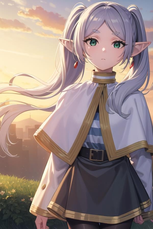 frieren, <lyco:frierenv2-lyco-nochekaiser:1>,frieren, long hair, twintails, (green eyes:1.5), grey hair, pointy ears, elf,BREAK shirt, long sleeves, jewelry, pantyhose, earrings, striped, black pantyhose, capelet, striped shirt,BREAK outdoors, sky, nature,BREAK looking at viewer, (cowboy shot:1.5),BREAK <lyco:GoodHands-beta2:1>, (masterpiece:1.2), best quality, high resolution, unity 8k wallpaper, (illustration:0.8), (beautiful detailed eyes:1.6), extremely detailed face, perfect lighting, extremely detailed CG, (perfect hands, perfect anatomy),