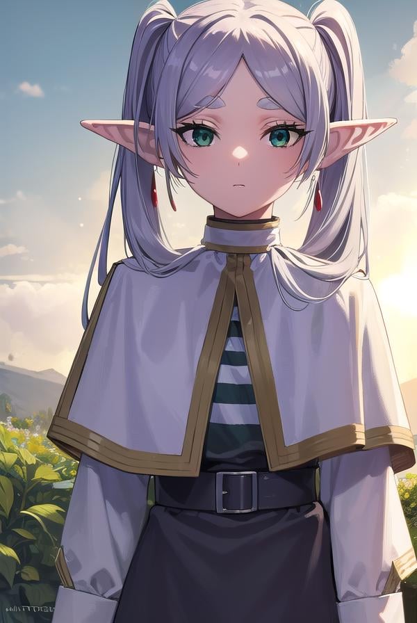 frieren, <lyco:frierenv2-lyco-nochekaiser:1>,frieren, long hair, twintails, (green eyes:1.5), grey hair, pointy ears, elf,BREAK shirt, long sleeves, jewelry, pantyhose, earrings, striped, black pantyhose, capelet, striped shirt,BREAK outdoors, sky, nature,BREAK looking at viewer, (cowboy shot:1.5),BREAK <lyco:GoodHands-beta2:1>, (masterpiece:1.2), best quality, high resolution, unity 8k wallpaper, (illustration:0.8), (beautiful detailed eyes:1.6), extremely detailed face, perfect lighting, extremely detailed CG, (perfect hands, perfect anatomy),