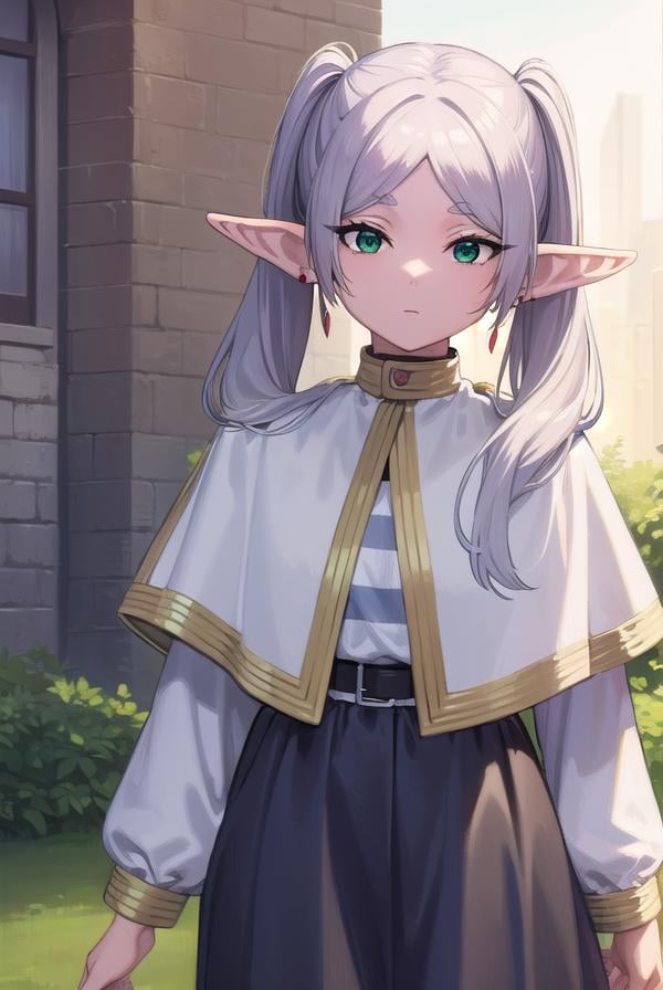 frieren, <lyco:frierenv2-lyco-nochekaiser:1>,frieren, long hair, twintails, (green eyes:1.5), grey hair, pointy ears, elf,BREAK shirt, long sleeves, jewelry, pantyhose, earrings, striped, black pantyhose, capelet, striped shirt,BREAK outdoors, sky, nature,BREAK looking at viewer, (cowboy shot:1.5),BREAK <lyco:GoodHands-beta2:1>, (masterpiece:1.2), best quality, high resolution, unity 8k wallpaper, (illustration:0.8), (beautiful detailed eyes:1.6), extremely detailed face, perfect lighting, extremely detailed CG, (perfect hands, perfect anatomy),