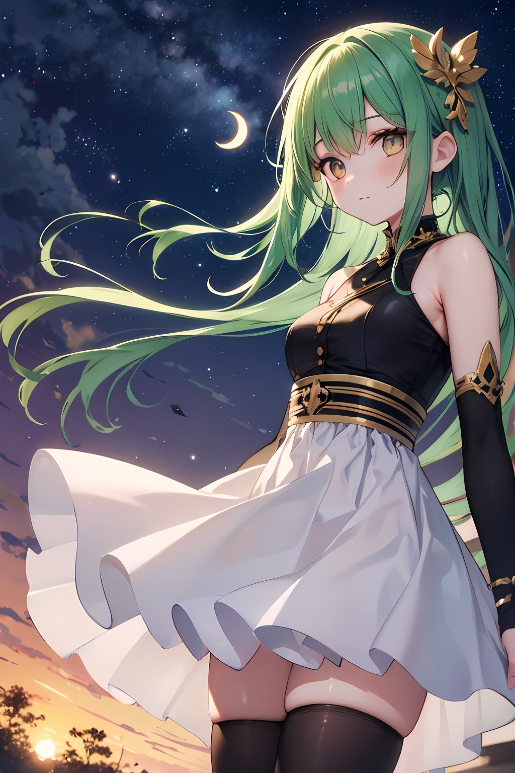 (absurdres, highres, ultra detailed, high resolution: 1.1)
BREAK
1 girl, solo, wide angle,
BREAK
long green hair, bright gold eyes,
BREAK
fairy wings, long nature dress,
BREAK
floating, forest, night sky, stars, crescent moon, looking at viewer,
BREAK
nice hands, perfect hands,