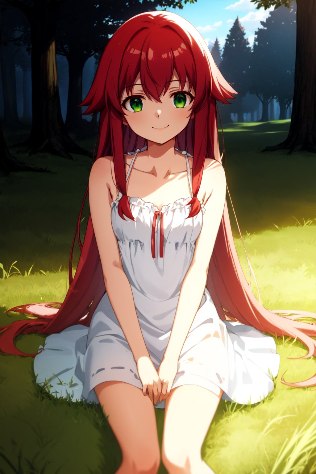 1girl, solo, hair flaps, red hair, very long hair, green eyes, sitting, sundress, smile, looking at viewer, outdoors, grass, field, tree, <lyco:ufotable_loha:0.4>, ufotable, anime screencap, <lora:Hair_Flaps-000006:1.0>