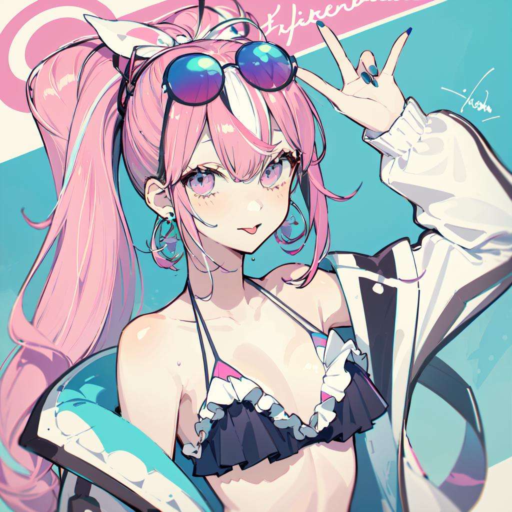 (masterpiece:1.2), best quality,PIXIV,Sweet girl portrait,1girl, solo, tongue out, ice cream, long hair, tongue, pink hair, eyewear on head, jewelry, earrings, multicolored hair, frills, food, jacket, bangs, off shoulder, blue eyes, long sleeves, looking at viewer, nail polish, upper body, sunglasses, swimsuit, blue nails, frilled bikini, bare shoulders, white jacket, bikini, black bikini, open clothes, open jacket, multicolored eyes, streaked hair, :p, two-tone hair, purple eyes, signature <lora:Sweet girl portrait_20231030170647-000018:1>