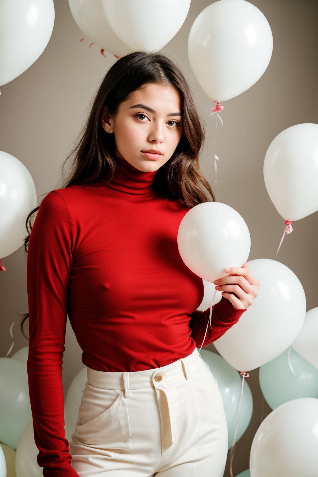 fashion portrait photo of beautiful young woman from the 60s wearing a red turtleneck standing in the middle of a ton of white balloons, taken on a hasselblad medium format camera
