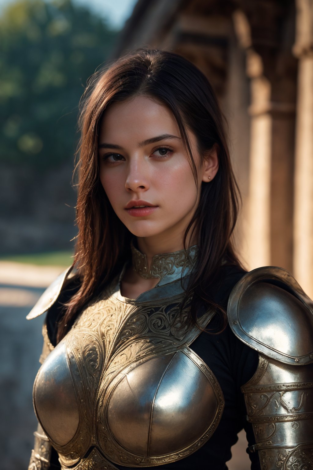 (masterpiece), (extremely intricate:1.3),, (realistic), portrait of a girl, the most beautiful in the world, (medieval armor), metal reflections, upper body, outdoors, intense sunlight, far away castle, professional photograph of a stunning woman detailed, sharp focus, dramatic, award winning, cinematic lighting, octane render, unreal engine, volumetrics dtx, (film grain, bokeh, blurry foreground, blurry background), crest on chest
