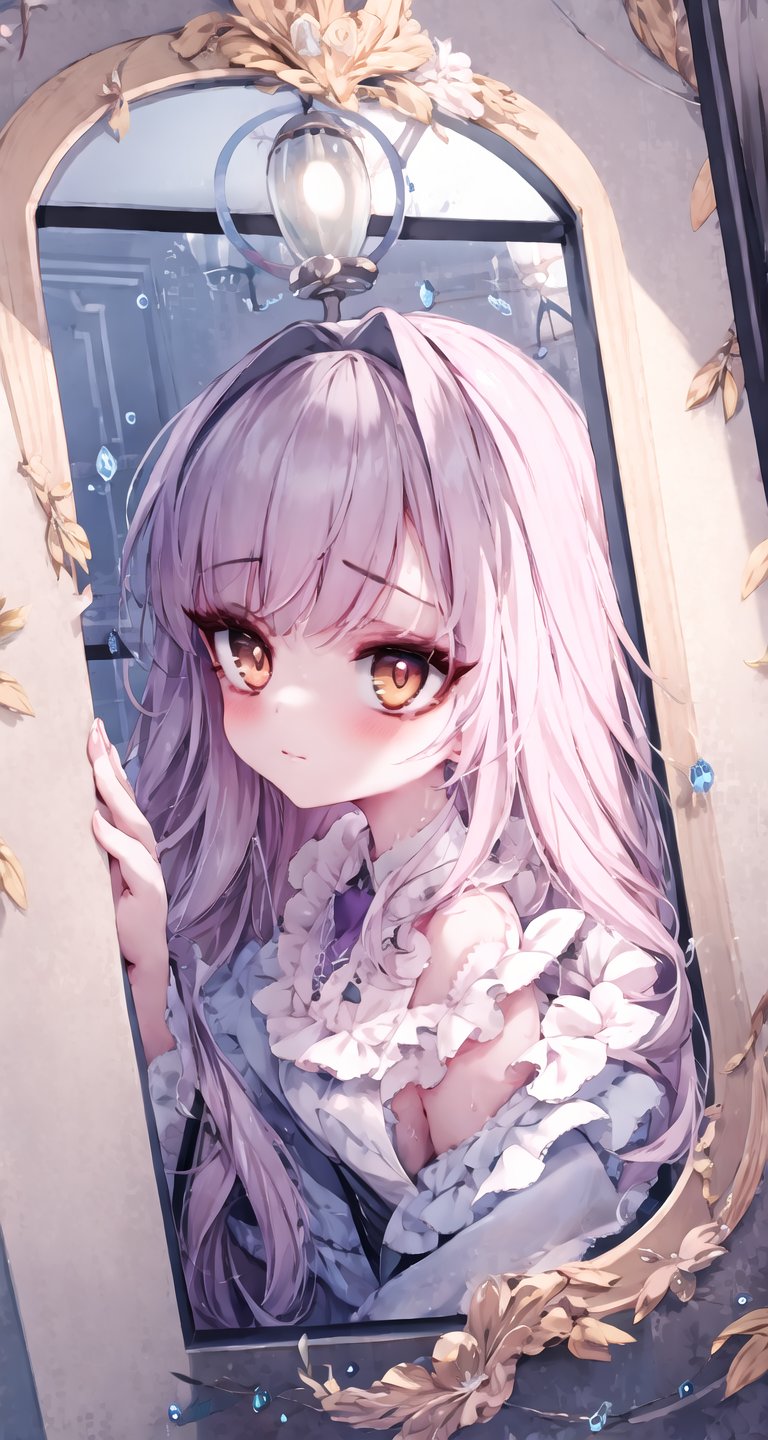 (chibi, child, nsfw:-1.1), (eye focus, face, close-up:0.7), 1girl, solo, slender, maid, mature eyeliner, eyelashes, closed mouth, from side, tsurime, window, hallway, (vanishing point:1.3), chandelier, (door:0.6), wide shot, Upturned eyes, hair intakes, dutch angle, nape, looking back, marble