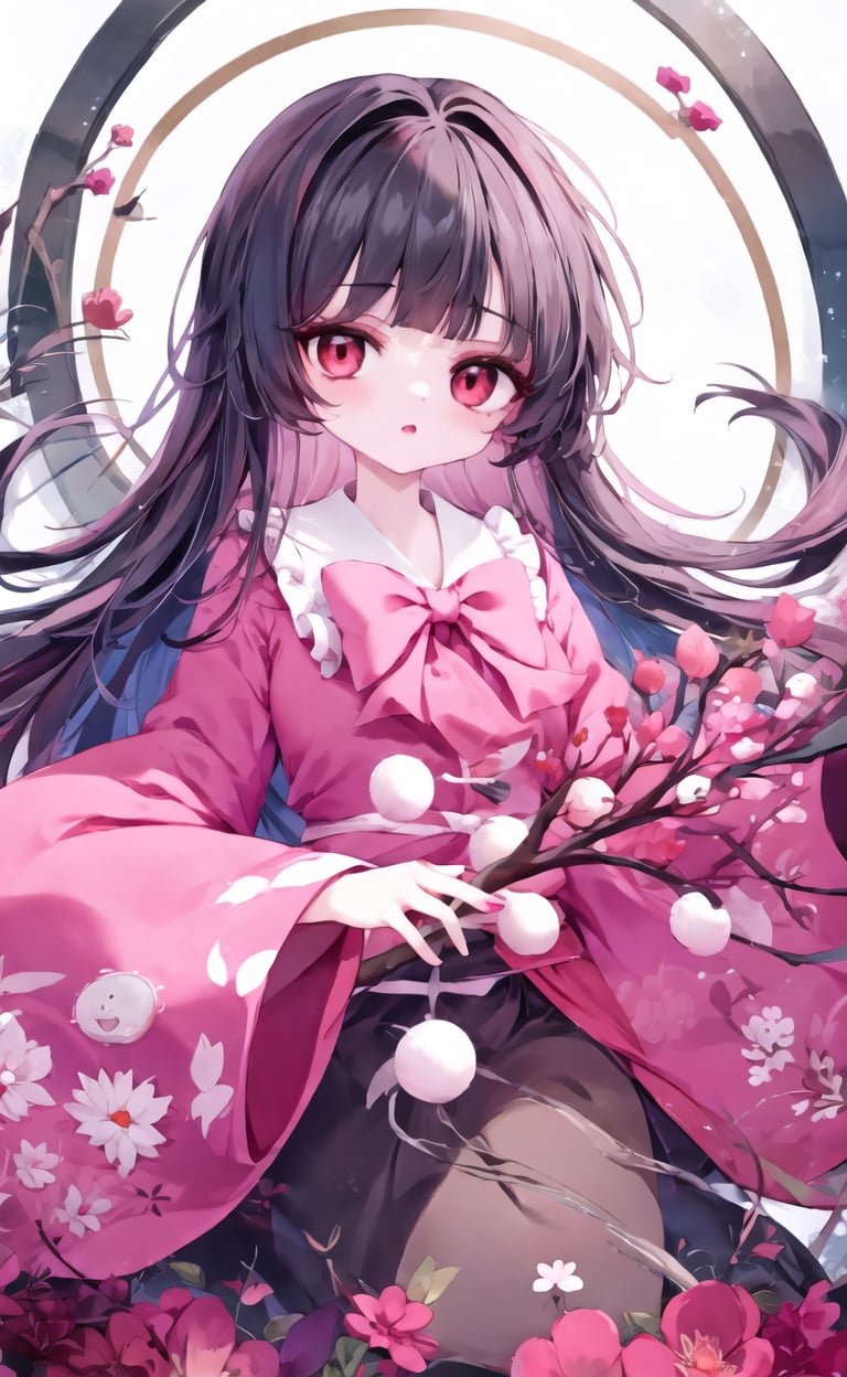 (eye focus, face, close-up:0.5), (houraisan kaguya:1.2), long sleeves, wide sleeves, pink shirt, red skirt, branch, red eyes, jeweled branch of hourai , <lora:HouraisanKaguyaV1:0.7>, (hat:-1)