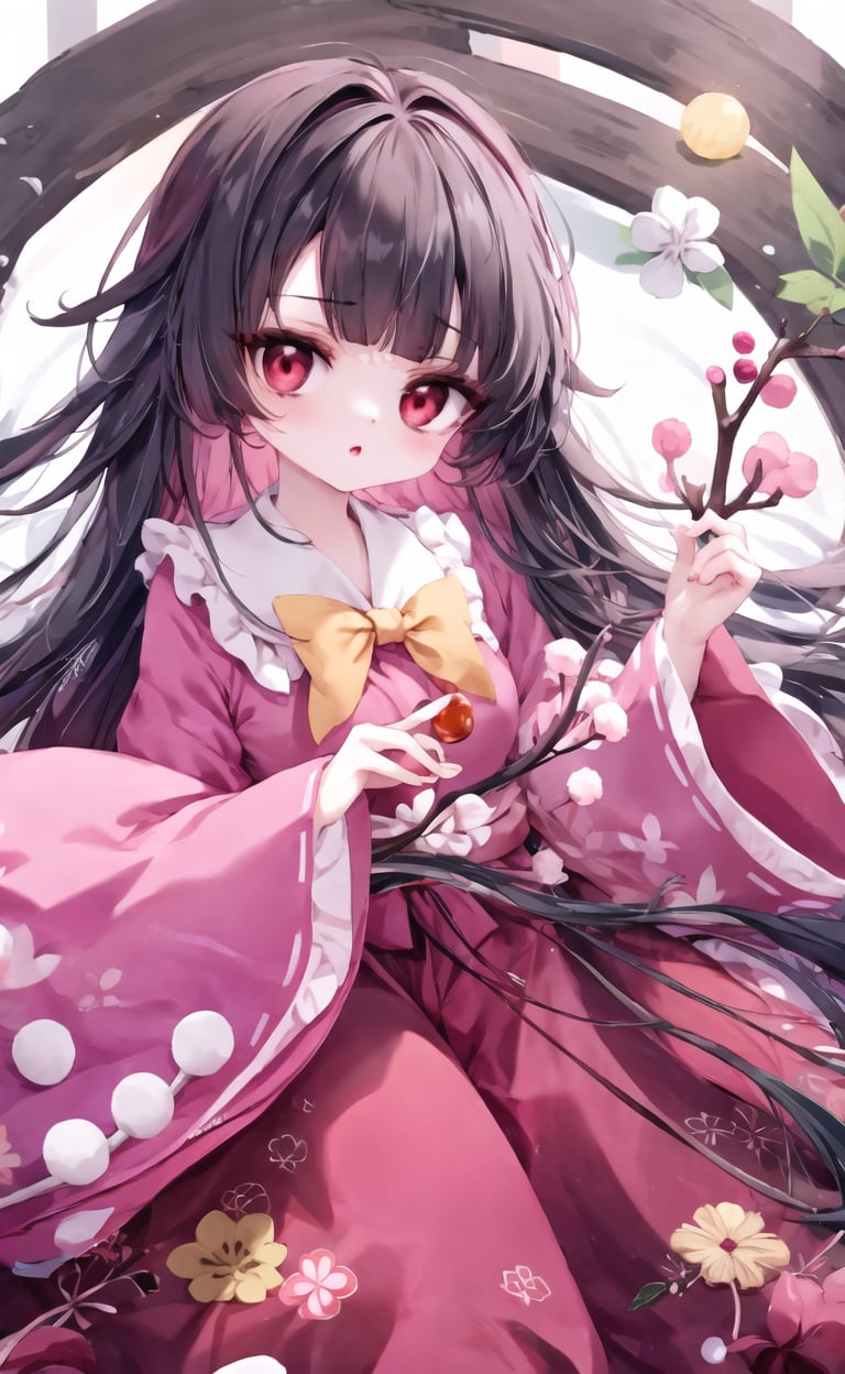 (eye focus, face, close-up:0.5), (houraisan kaguya:1.2), long sleeves, wide sleeves, pink shirt, red skirt, branch, red eyes, jeweled branch of hourai , <lora:HouraisanKaguyaV1:0.7>, (hat:-1)