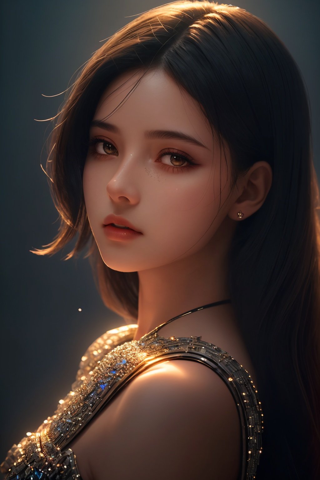  cinematic, fashion photo of a beautiful girl in the style of neomorphism, the transformation of minerals into polymorphs, glowing crystals, hyper detailed, photorealistic, detailed glow, ambient occlusion, side light,light on the face, shadow, light master, Sky Fantasy, light master