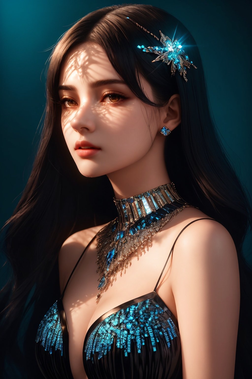  cinematic, fashion photo of a beautiful girl in the style of neomorphism, the transformation of minerals into polymorphs, glowing crystals, hyper detailed, photorealistic, detailed glow, ambient occlusion, side light,light on the face, shadow, light master, Sky Fantasy, light master