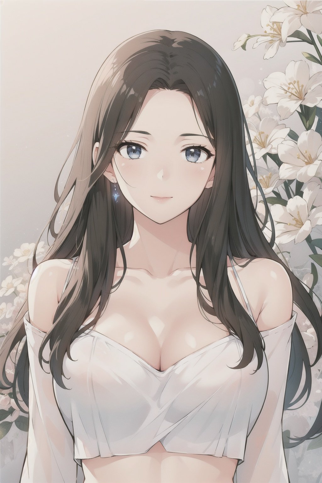   Anime, fantasy, magic, fairy tales, women,best quality, hyper realism, (ultra high resolution), masterpiece, 8K, RAW Photo,1girl,(beautiful face:1.5),see throug,90s, Long hair reaching the waist, in the flowers,full_body,hide hands behind back,Sexy,slender waist,Entire body,naked body,Modern and fashionable hairstyle,nude,bare legs,bare ,Naked,shoulder,nude: 1.2,best quality,ultra detailed,bares shoulder,Glowing ambiance,enchanting radiance,luminous lighting,ethereal atmosphere,evocative hues,captivating coloration,dramatic lighting,enchanting aura,masterpiece,best quality,1girl,girl with a weak temperament,epic cinematic,soft nature lights,rim light,absurd,amazing,funny,itricate,hyper detailed,ultra realistic,soft,medium breasts, cleavage,collarbone,in the flowers,(Best quality, 8k, 32k, Masterpiece, UHD:1.2),(very wide shot:1.2),(blue and white theme:1.4),(black theme:1.2),Seductive smile,look at the audience,,midriff,long hair,brown hair,long legs realistically,long-sleeve,(cinematic composition:1.3),(HDR:0.1),narrow waist,long shot