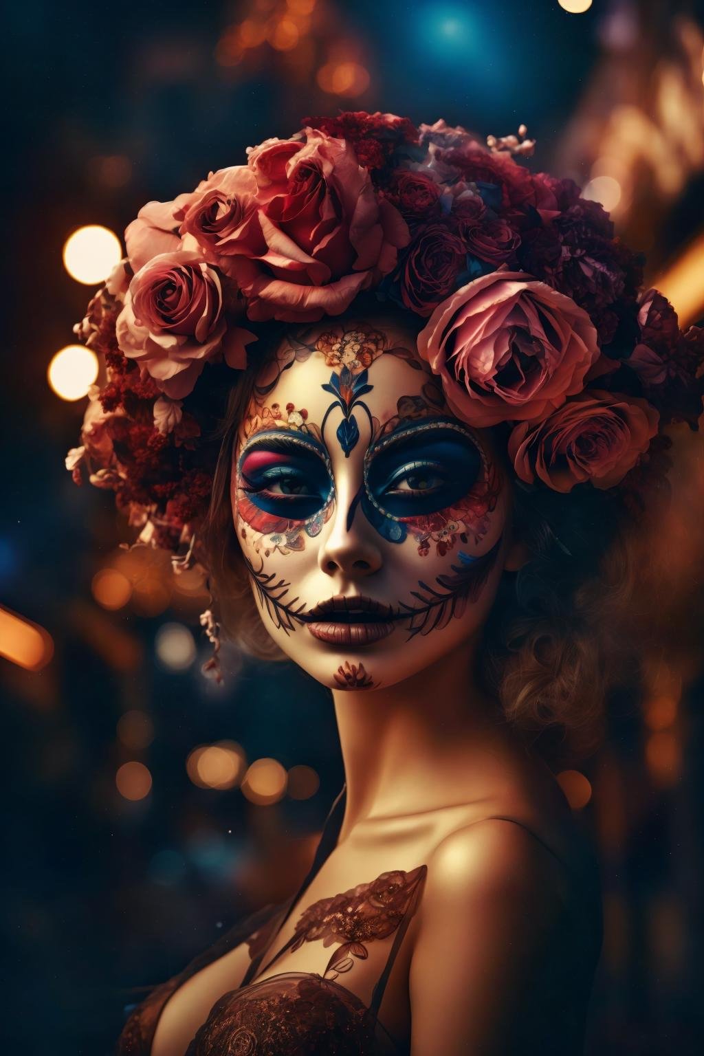 <lora:Katrina_V1:0.9> masterpiece, best quality, volumetric lighting, young woman in xyzgg style, Rose Champagne, intricate details, looking at viewer, A deserted carnival at night, with faded lights and a sense of eerie silence background 