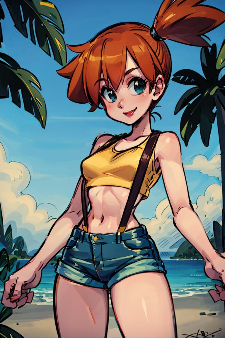 <lora:Alex_Ahad_Style:0.8>, ((masterpiece,best quality)), absurdres, <lora:Misty_Pokemon_v2_Anime:0.8>, Misty_Pokemon, yellow crop top, suspenders, side ponytail, orange hair, denim shorts, solo, smiling, looking at viewer, cowboy shot, cinematic composition, contrapposto, tropical beach,