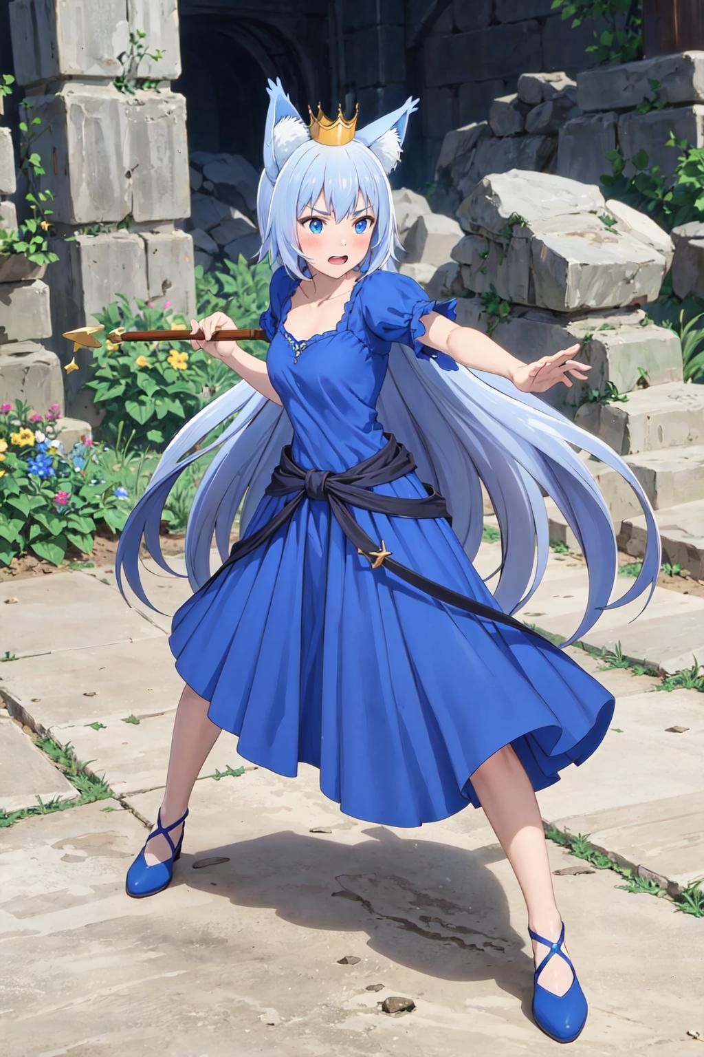 <lora:0017TOVfairyqueen:1>,fairyqueen,blue long dress,crown,wand,fighting_stance,solo,