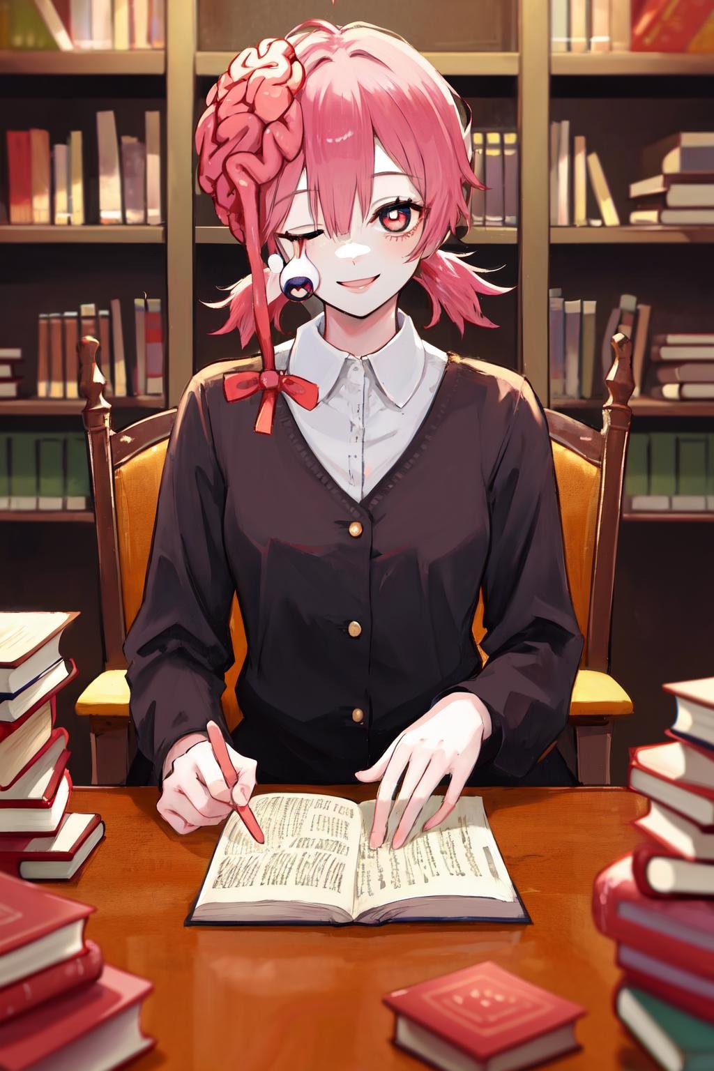 masterpiece, best quality, highres, 1girl halloween <lora:cosmo_halloween:1> sitting, desk, books, smile