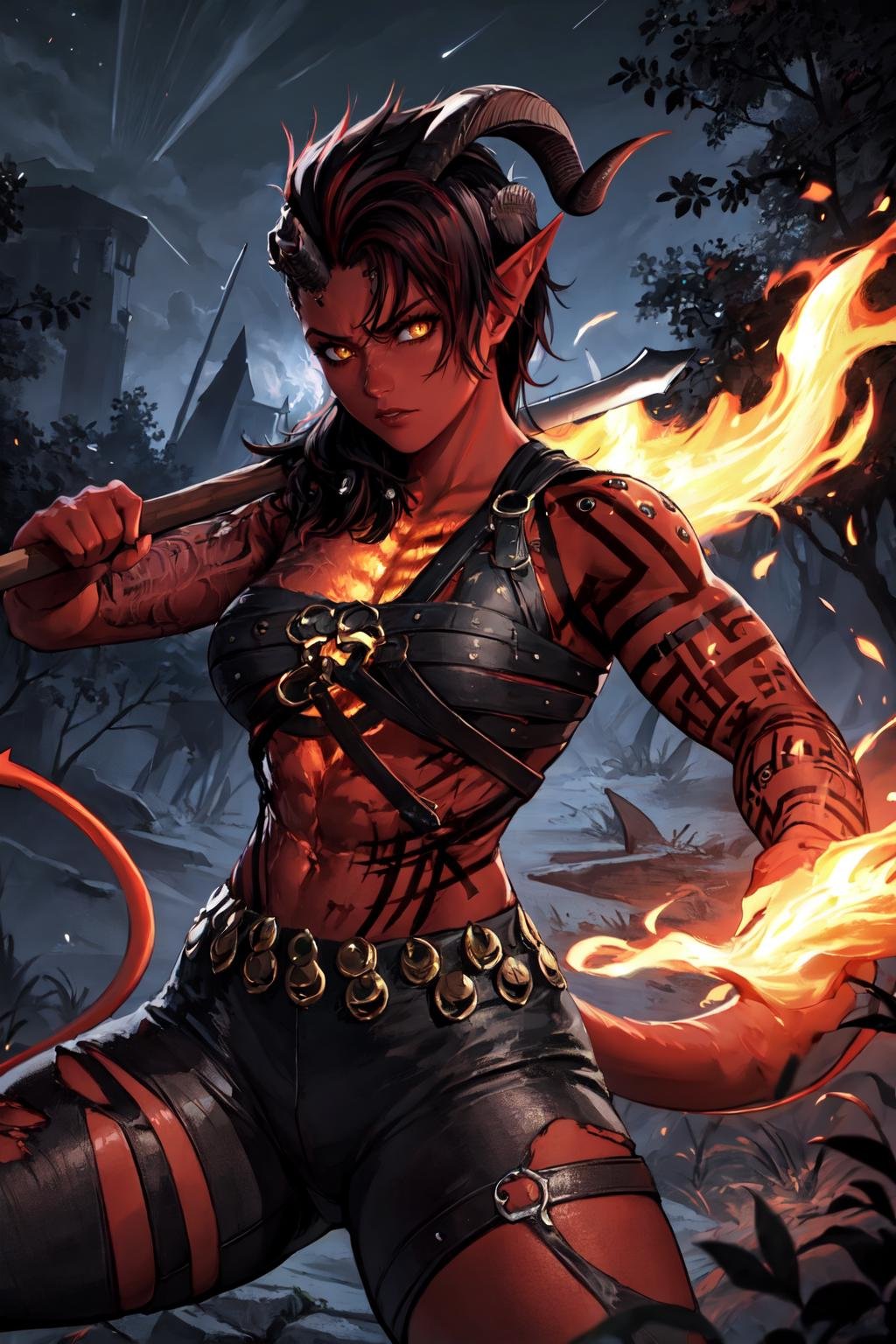 (masterpiece, best quality), outdoors, night, dark sky, forest, 1girl, solo, karlach, colored skin, demon girl, demon tail, yellow eyes, slit pupils, tattoo, scars, <lora:Karlach_V2-Manityro-AdamW:1>, muscular female, abs, looking at viewer, serious, torn pants, black pants, chest harness, burning village, holding axe, fighting stance