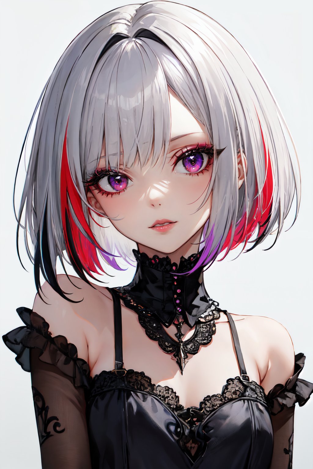 1girl,solo, upper body,looking at viewer, white background, bob cut, short hair, multicolored hair, makeup , parted lips, black lips, eyeliner, gothic, goth girl