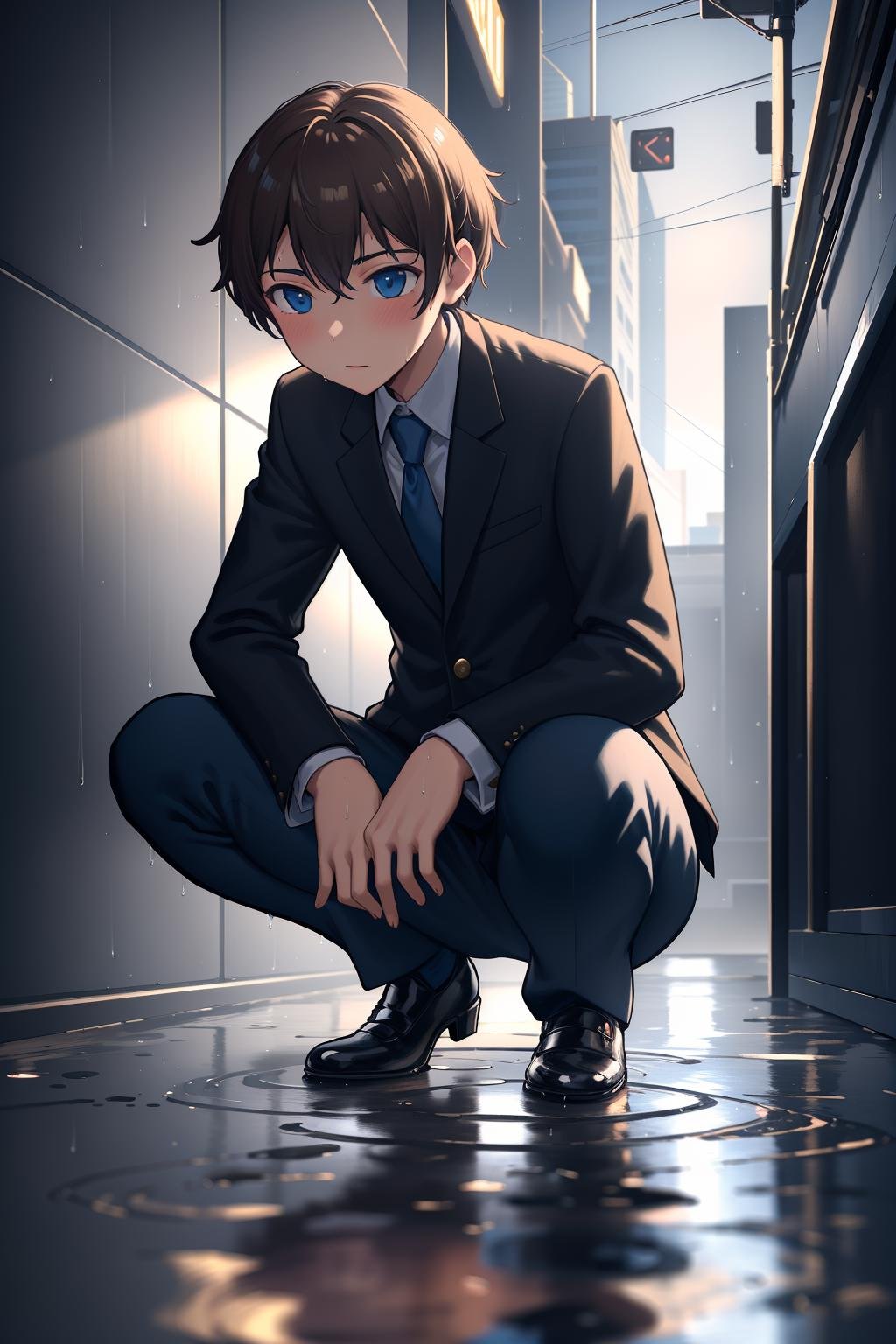 <lora:MasterpiaceSTYLEv3:0.3>, 1boy, solo, sitting, wet clothes, wet, puddles, rain, looking down, brown hair, official style, office suit, black shoes, outdoors, night, cyberpunk, alley, holo sign, neon lights, reflective floor, ripples