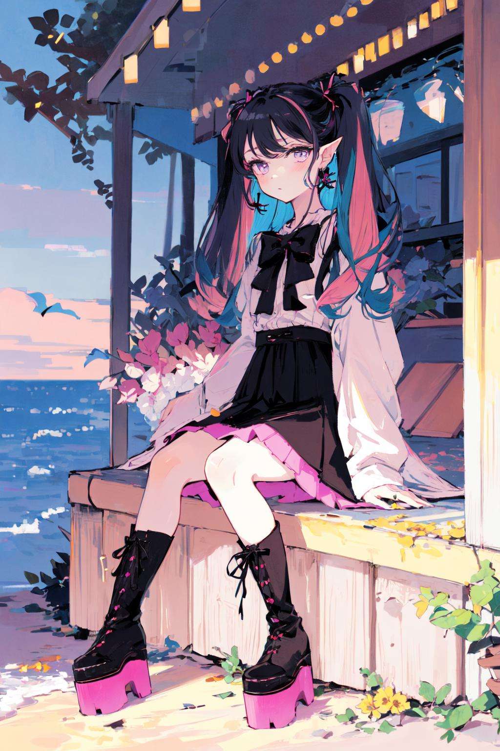 (masterpiece:1.2), best quality,PIXIV, Sweet girl1girl, multicolored hair, solo, purple eyes, pink hair, platform footwear, black hair, food, long hair, sitting, bow, boots, twintails, long sleeves, bangs, black footwear, black bow, hair bow, skirt, full body, looking at viewer, shirt, virtual youtuber, jewelry, ribbon, candy, dress, earrings, pointy ears, lollipop, streaked hair, holding, purple hair, two-tone hair <lora:Sweet girl p_20231030174934:1>