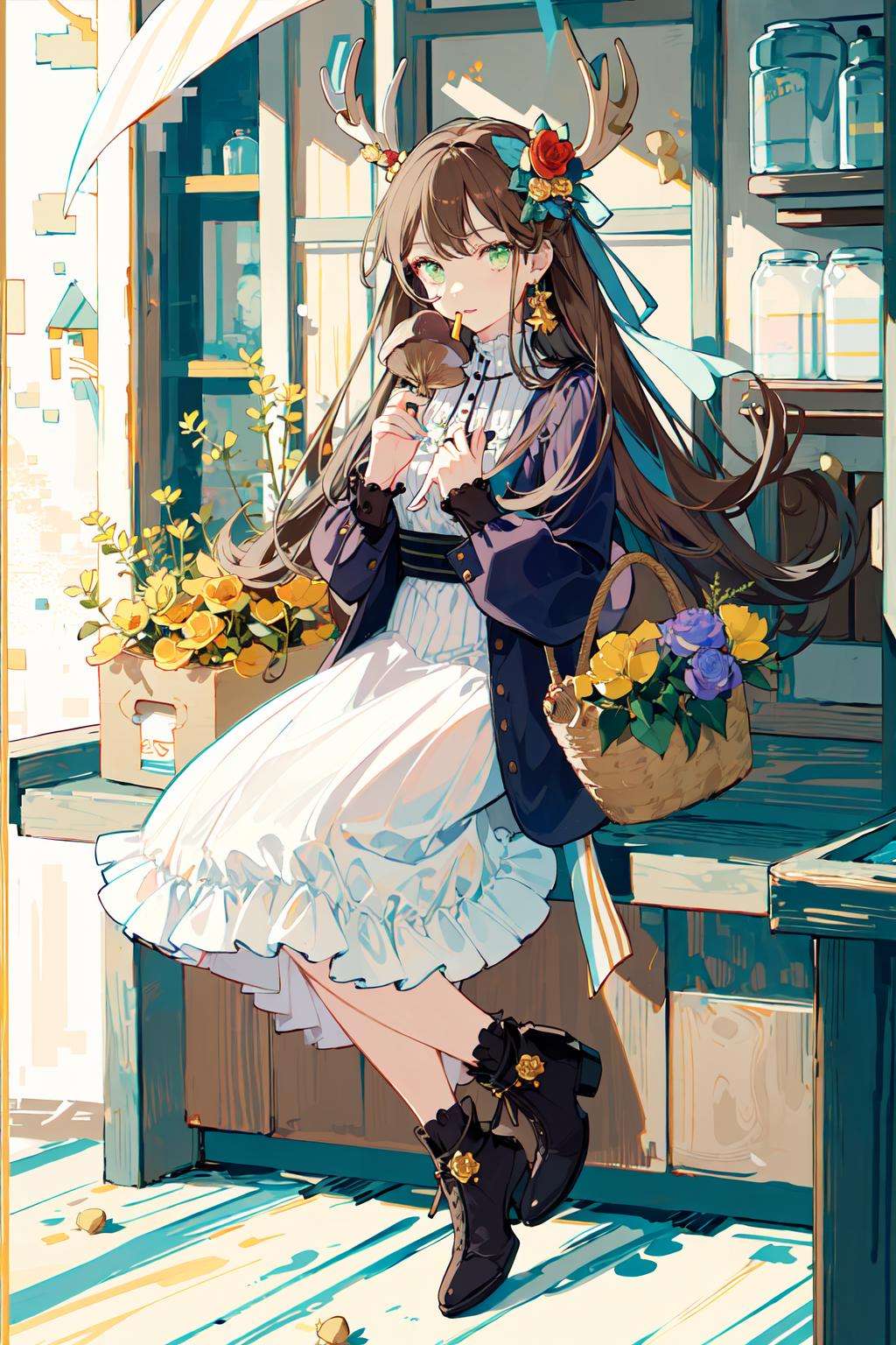 (masterpiece:1.2), best quality,PIXIV,Sweet girl ,1girl, green eyes, brown hair, dress, solo, mushroom, flower, hair ornament, braid, hair flower, acorn, jewelry, basket, food, english text, ribbon, antlers, looking at viewer, full body <lora:Sweet girl p_20231030174934-000018:0.8>