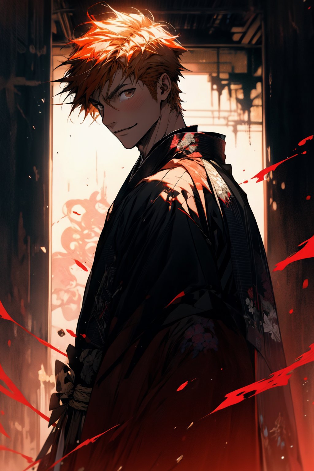 (masterpiece, best quality), , cowboy shot, solo, male focus, 1boy, kurosaki ichigo, slight smile, looking at viewer, short orange hair, brown eyes, japanese clothes, black kimono