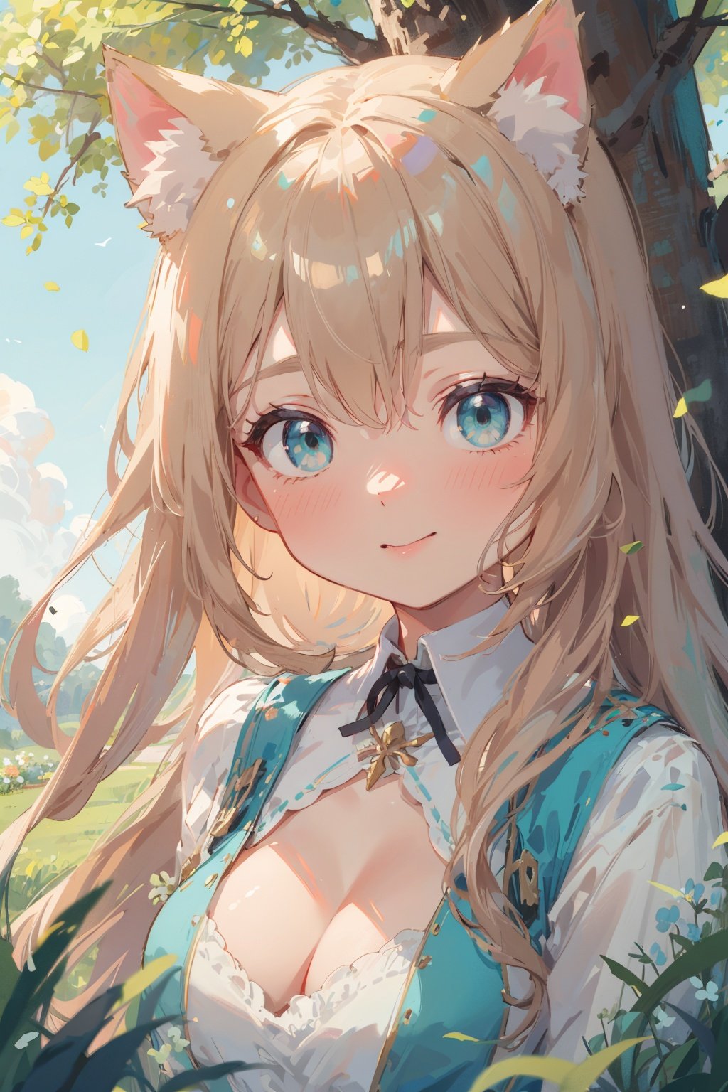 masterpiece,best quality, kawaii background, extremely detailed fine touch, highres, wallpaper, ray tracing, sunlight, ///,solo, 1girl, perfect female body, breasts, (cleavage:0.8), cat ears, animal ear fluff, Bronze hair, Absurdly long hair, luminous eyes, bangs, light blush, delighted,aqua skirt,  (portrait:1.2), face focus,outdoors, pine tree, lavender \(flower\), clover, lawn, garden,