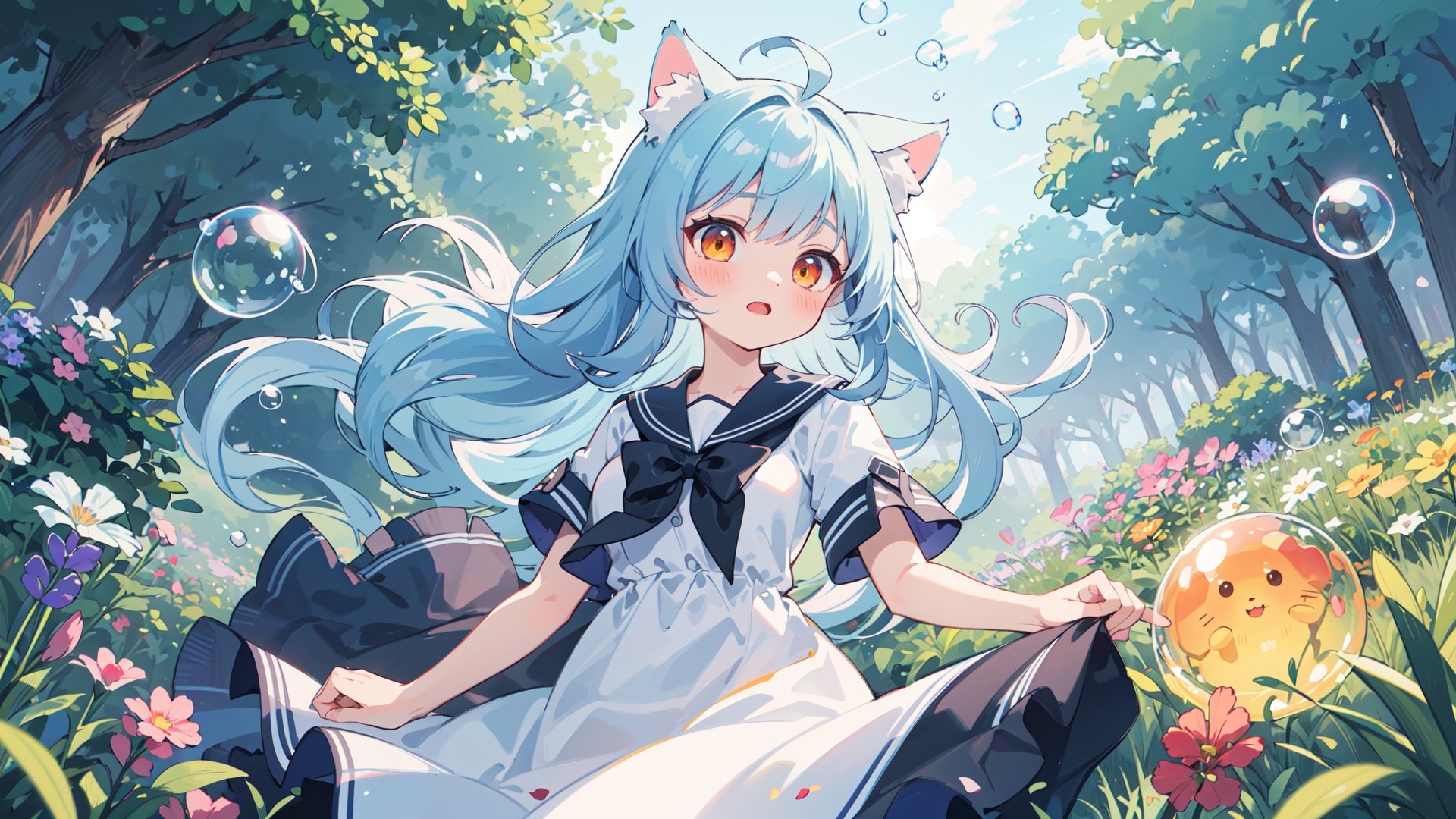 masterpiece,best quality, fantasy illustration, kawaii background, extremely detailed fine touch, highres, wallpaper, ray tracing, sunlight,solo, 1girl, loli, perfect female body, breasts, (cleavage:0.8), cat ears, animal ear fluff, light blue hair, wavy hair, orange eyes, bangs, light blush, delighted,sailor dress, cowboy shot,(super wide shot,:1.1),((colorful bubble)),(floating),detailed light,outdoors, pine tree, lavender \(flower\), clover, lawn, garden,