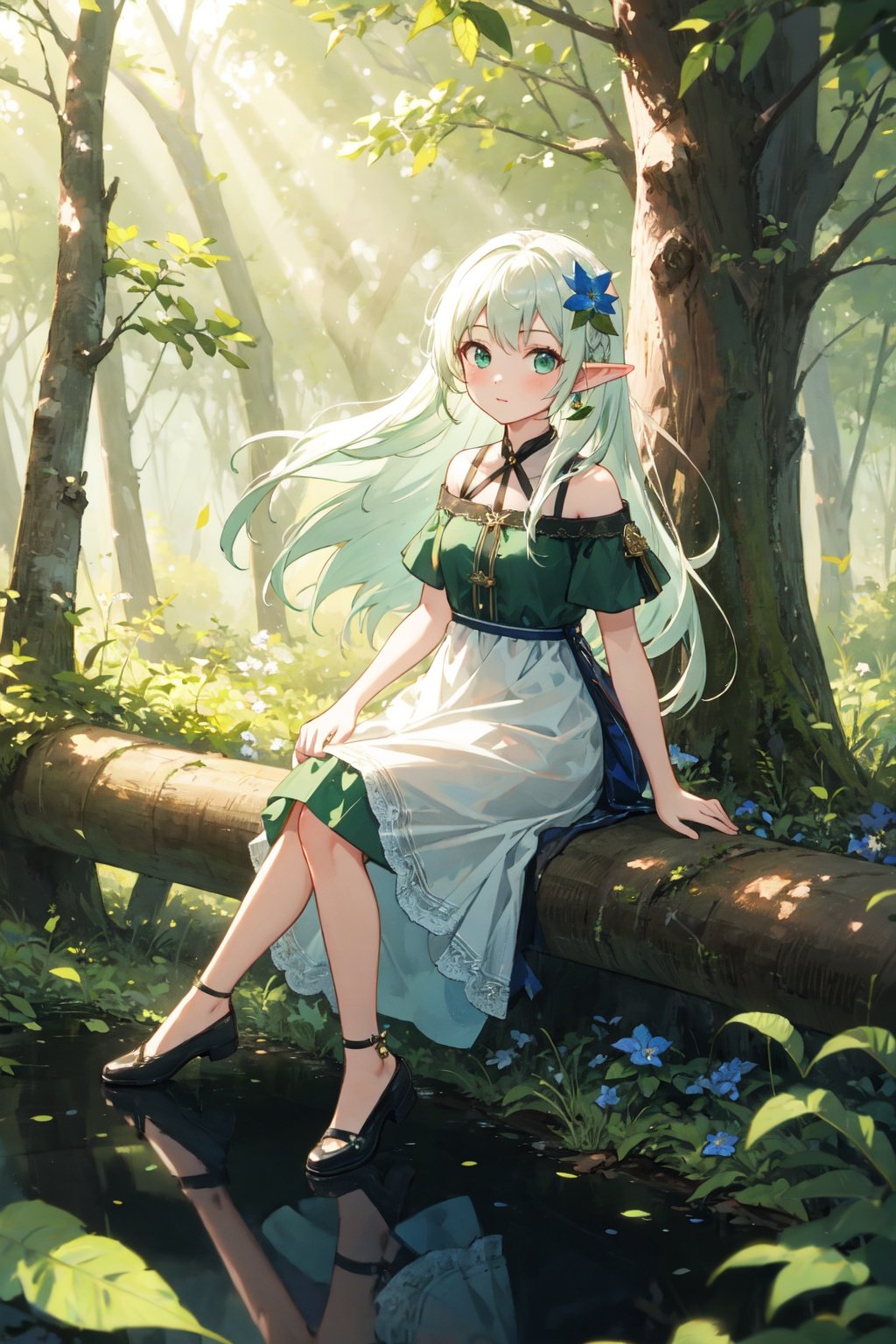 masterpiece,best quality,(ray tracing, reflection light),sunlight,solo, 1girl, full body, sitting, looking at viewer, elf girl, long hair, green hair, [green|blue] eyes, dress, white hair flower, hair ornament, wind, leaf, tree, forest