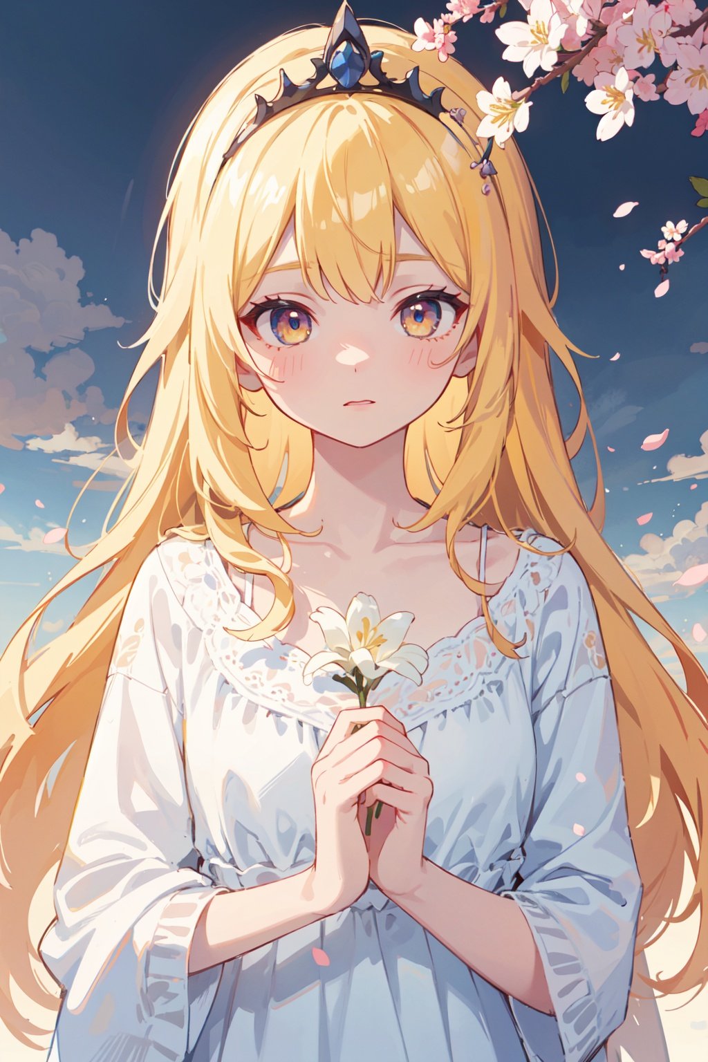 masterpiece, best quality, extremely detailed CG unity 8k wallpaper,game_cg, artbook, wallpaper, (colorful:1.5),1girl, solo, black luminous eyes, perfect female body, Long hair, Yellow hair, nightgown, seductive expression, tiara, upper body,simple background, lily \(flower\), cherry blossom, blue sky, cloudy sky,